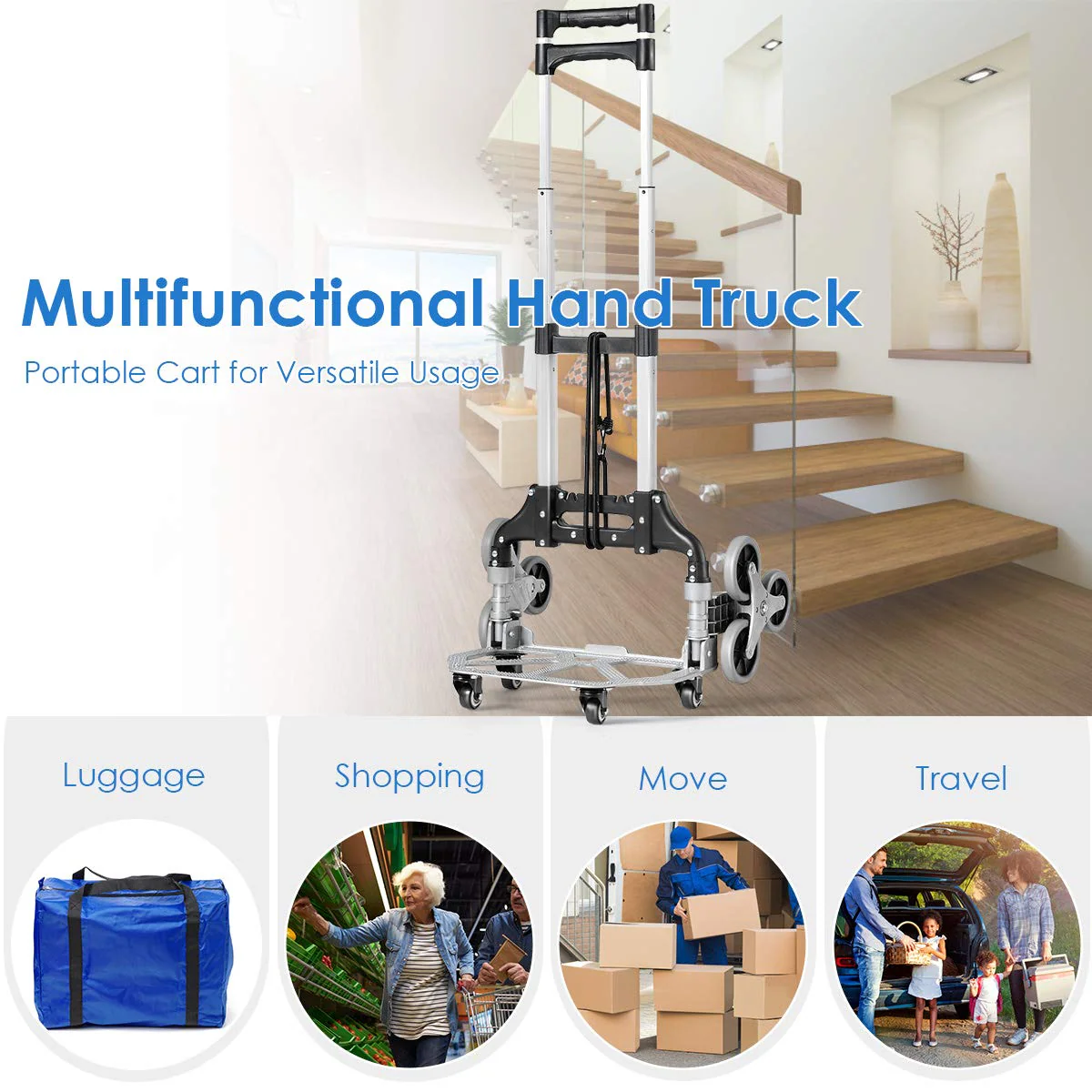 Goplus Stair Climbing Cart, All Terrain Stair Climbing Hand Truck with Bungee Cord, Heavy Duty with 6 Wheels - Image 3