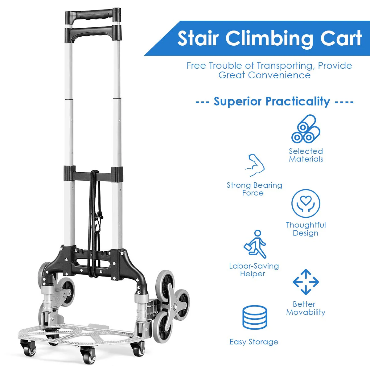 Goplus Stair Climbing Cart, All Terrain Stair Climbing Hand Truck with Bungee Cord, Heavy Duty with 6 Wheels - Image 4