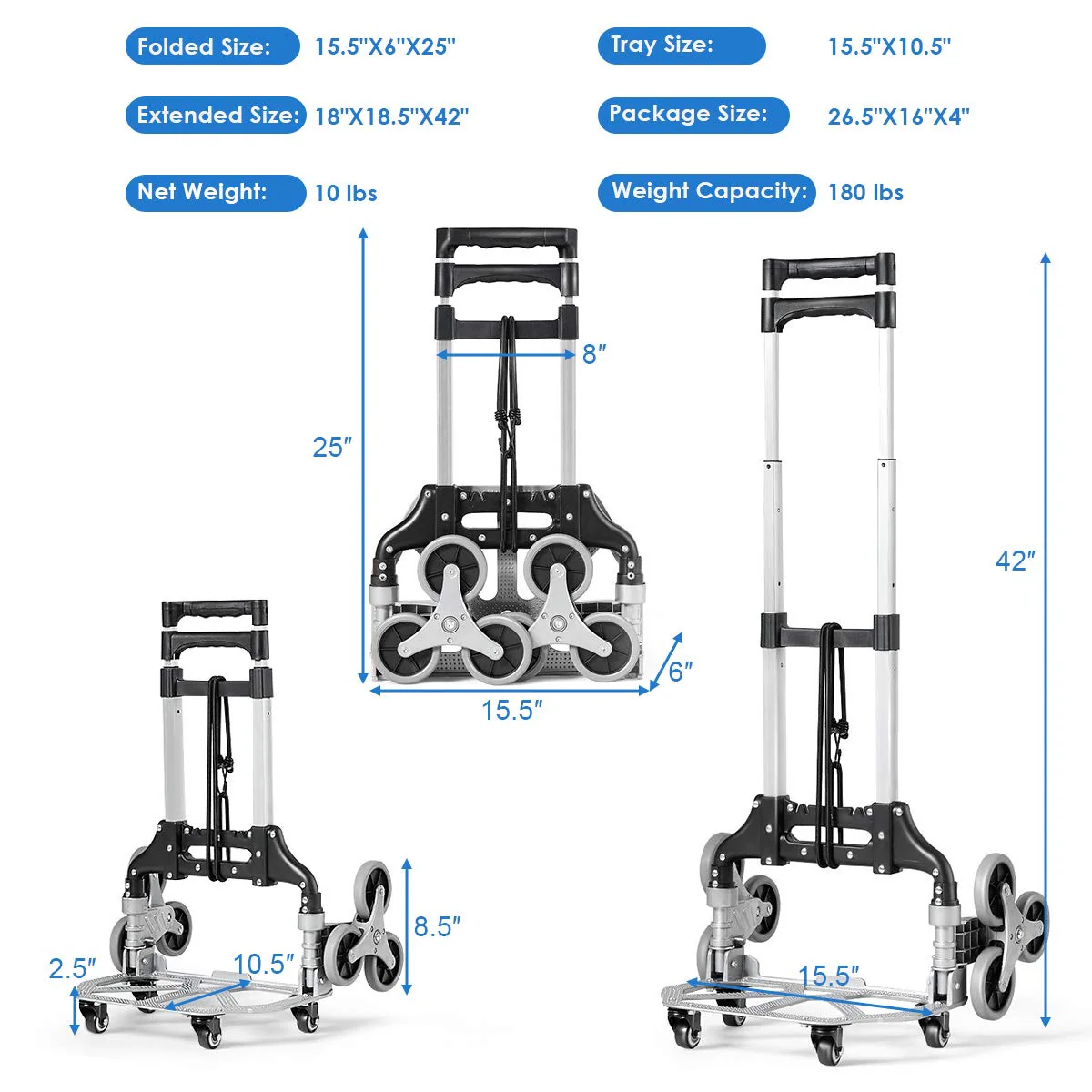 Goplus Stair Climbing Cart, All Terrain Stair Climbing Hand Truck with Bungee Cord, Heavy Duty with 6 Wheels - Image 7