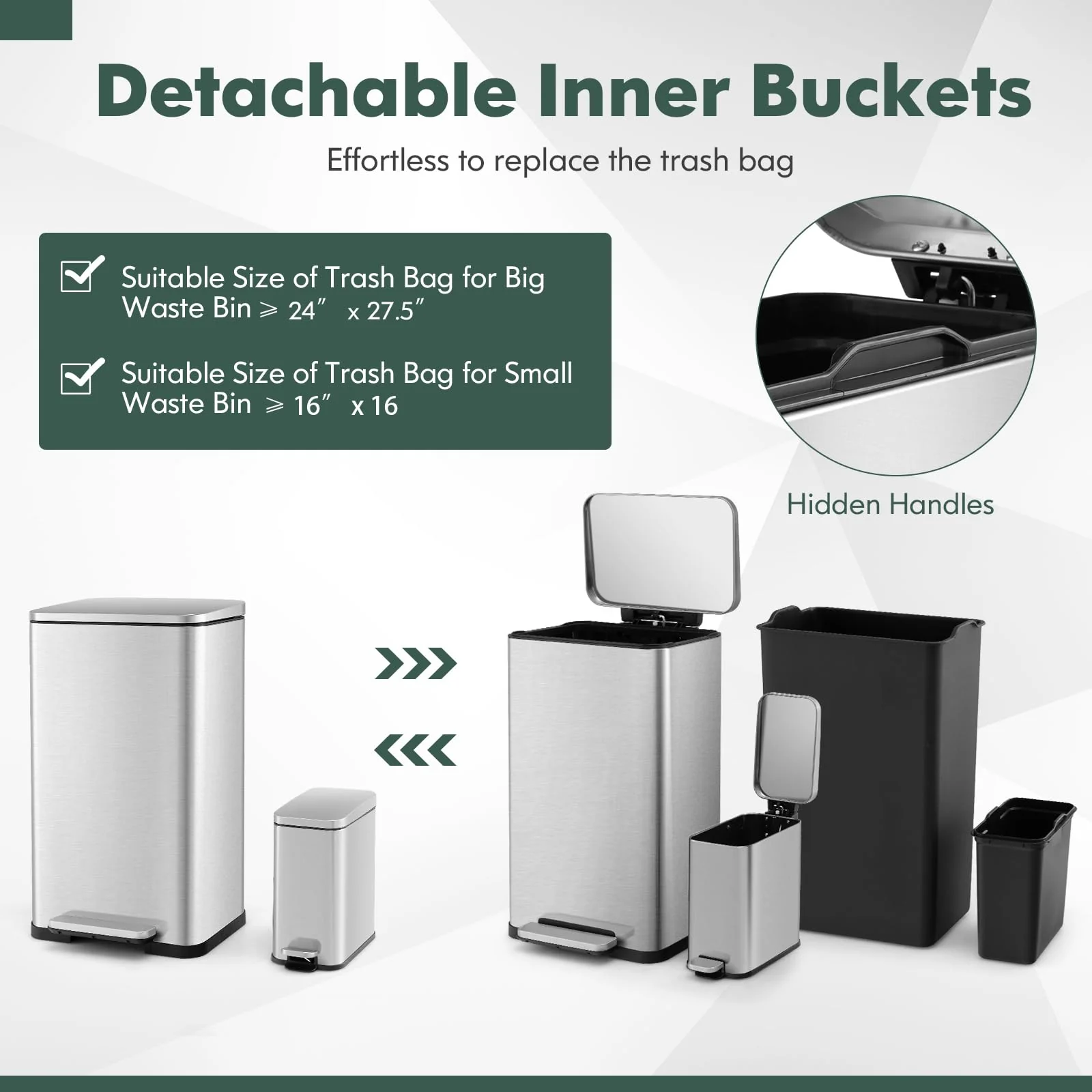 Goplus Step Trash Can Combo Set, 10.6 Gal/40 L and 1.6 Gal/6 L Stainless Steel Waste Bin - Image 6