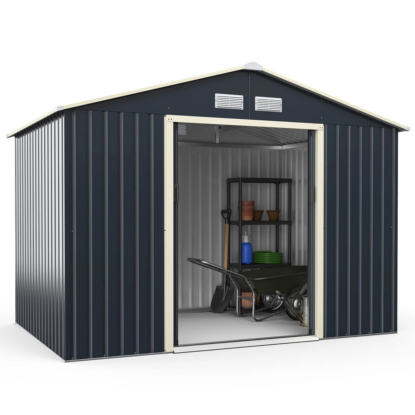 Goplus Storage Shed Metal 7’ X 6’ / 9' x 6' / 9'x 8' Outdoor Building Organizer with 4 Vents & Double Sliding Door - Image 10