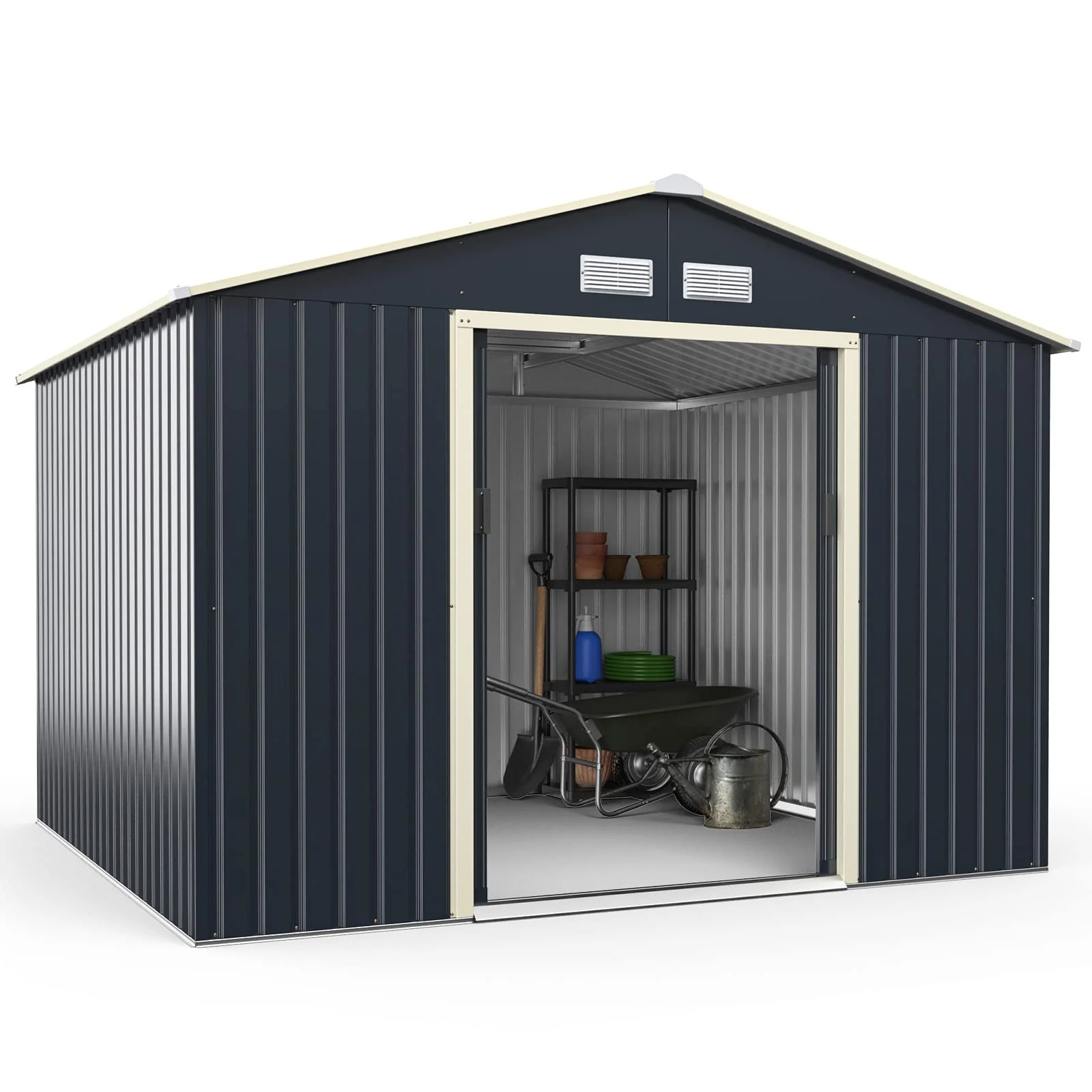 Goplus Storage Shed Metal 7’ X 6’ / 9' x 6' / 9'x 8' Outdoor Building Organizer with 4 Vents & Double Sliding Door - Image 11