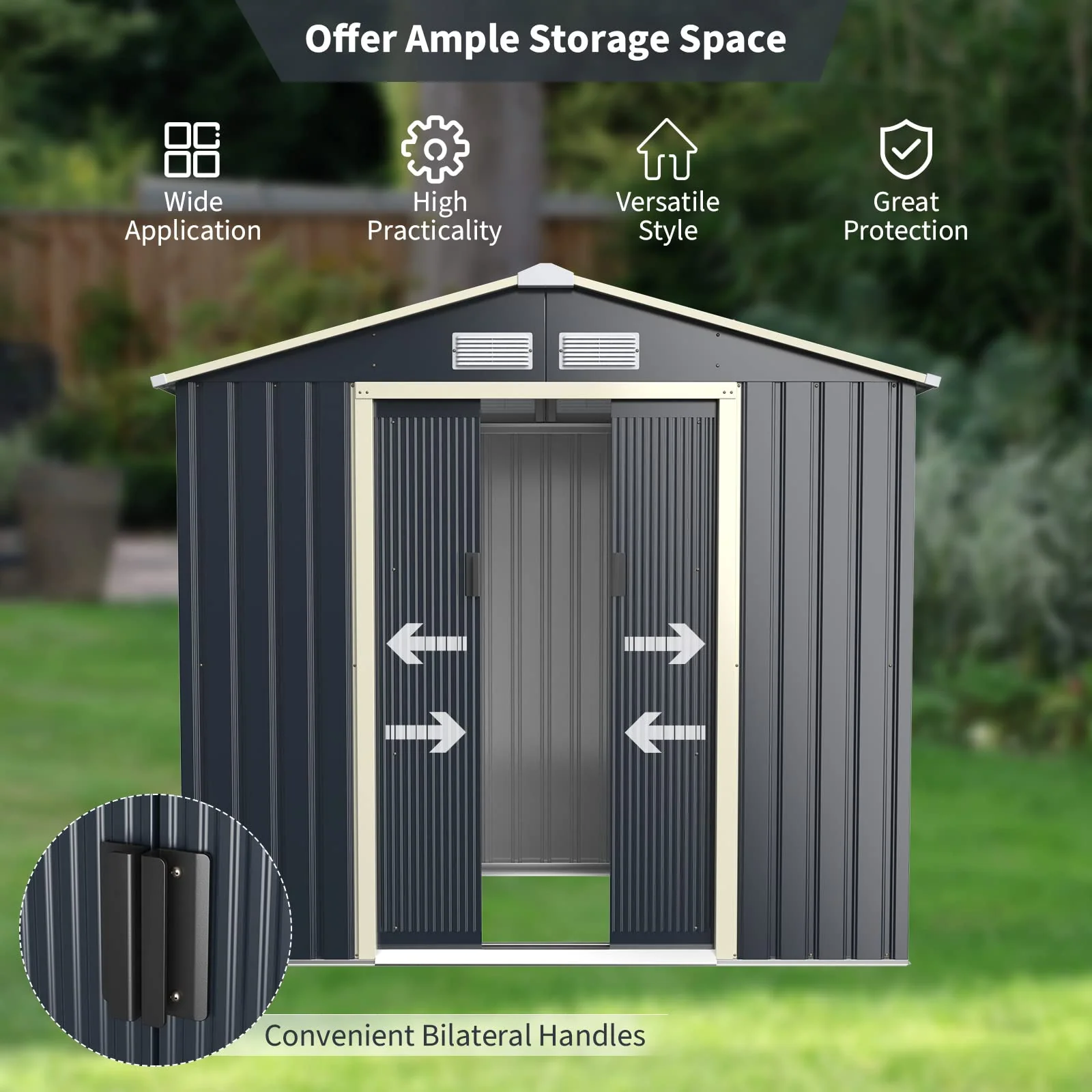 Goplus Storage Shed Metal 7’ X 6’ / 9' x 6' / 9'x 8' Outdoor Building Organizer with 4 Vents & Double Sliding Door - Image 3