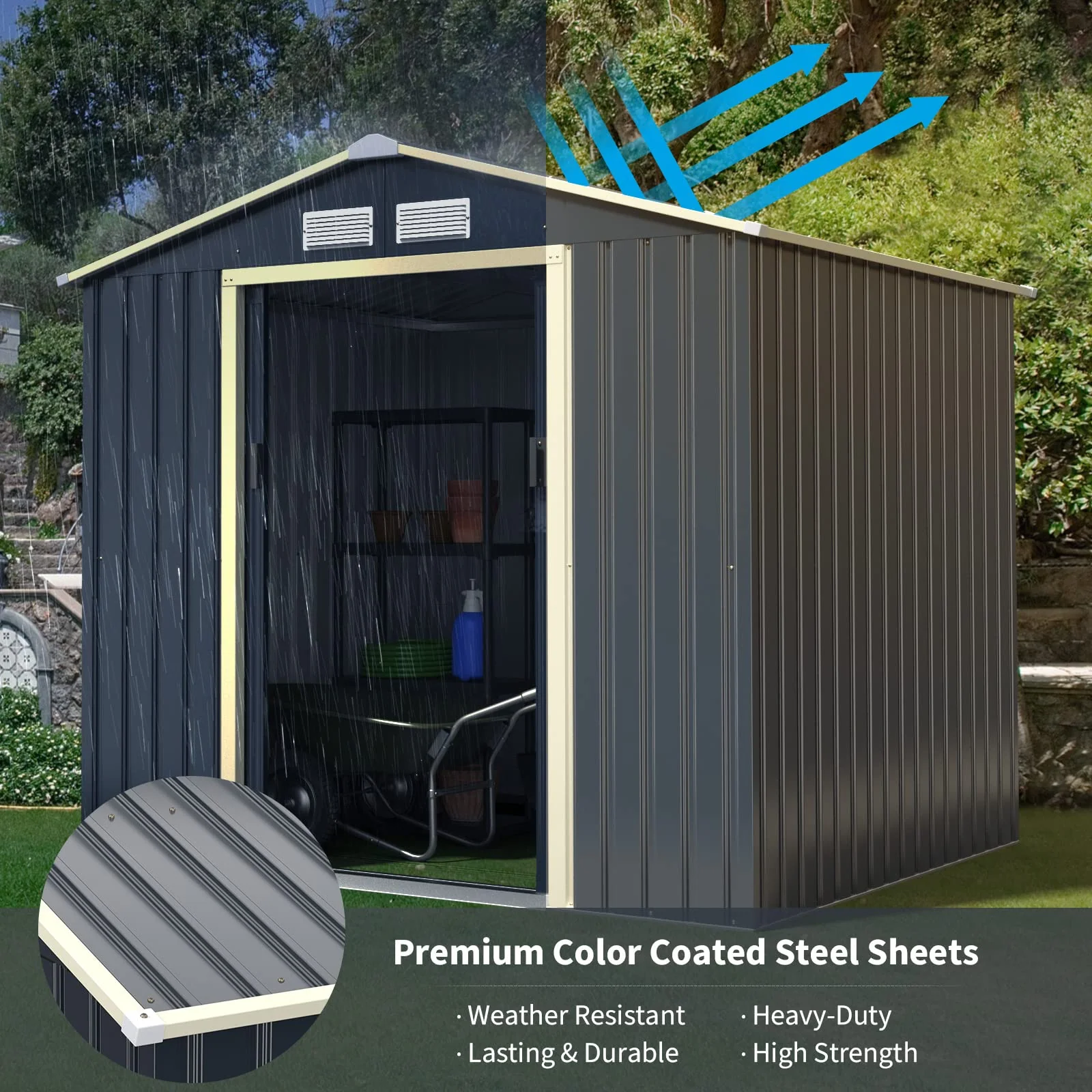 Goplus Storage Shed Metal 7’ X 6’ / 9' x 6' / 9'x 8' Outdoor Building Organizer with 4 Vents & Double Sliding Door - Image 4