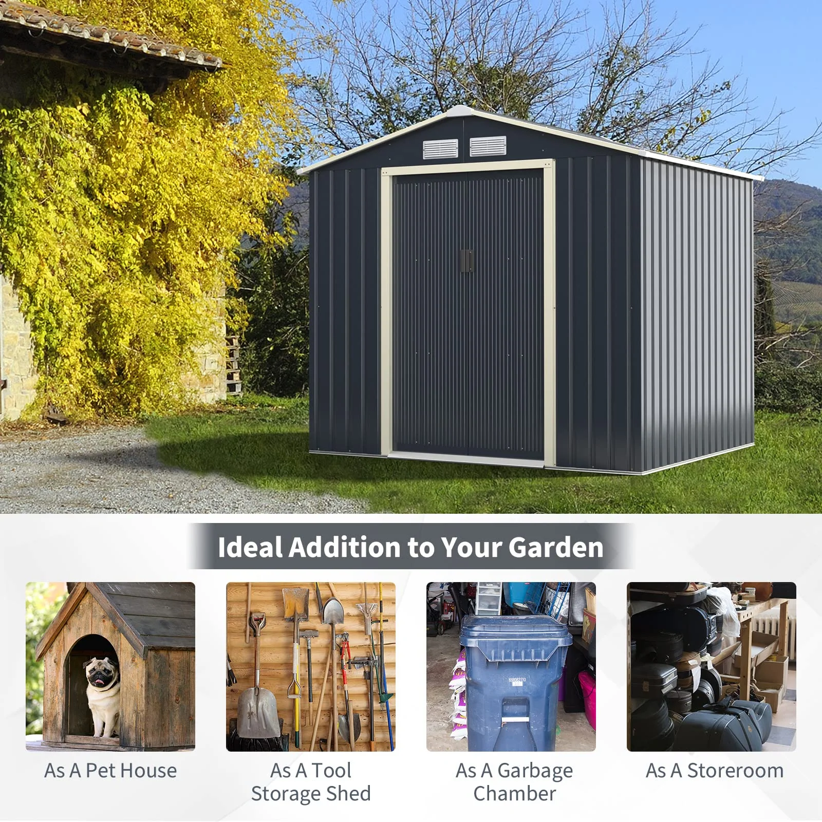 Goplus Storage Shed Metal 7’ X 6’ / 9' x 6' / 9'x 8' Outdoor Building Organizer with 4 Vents & Double Sliding Door - Image 5