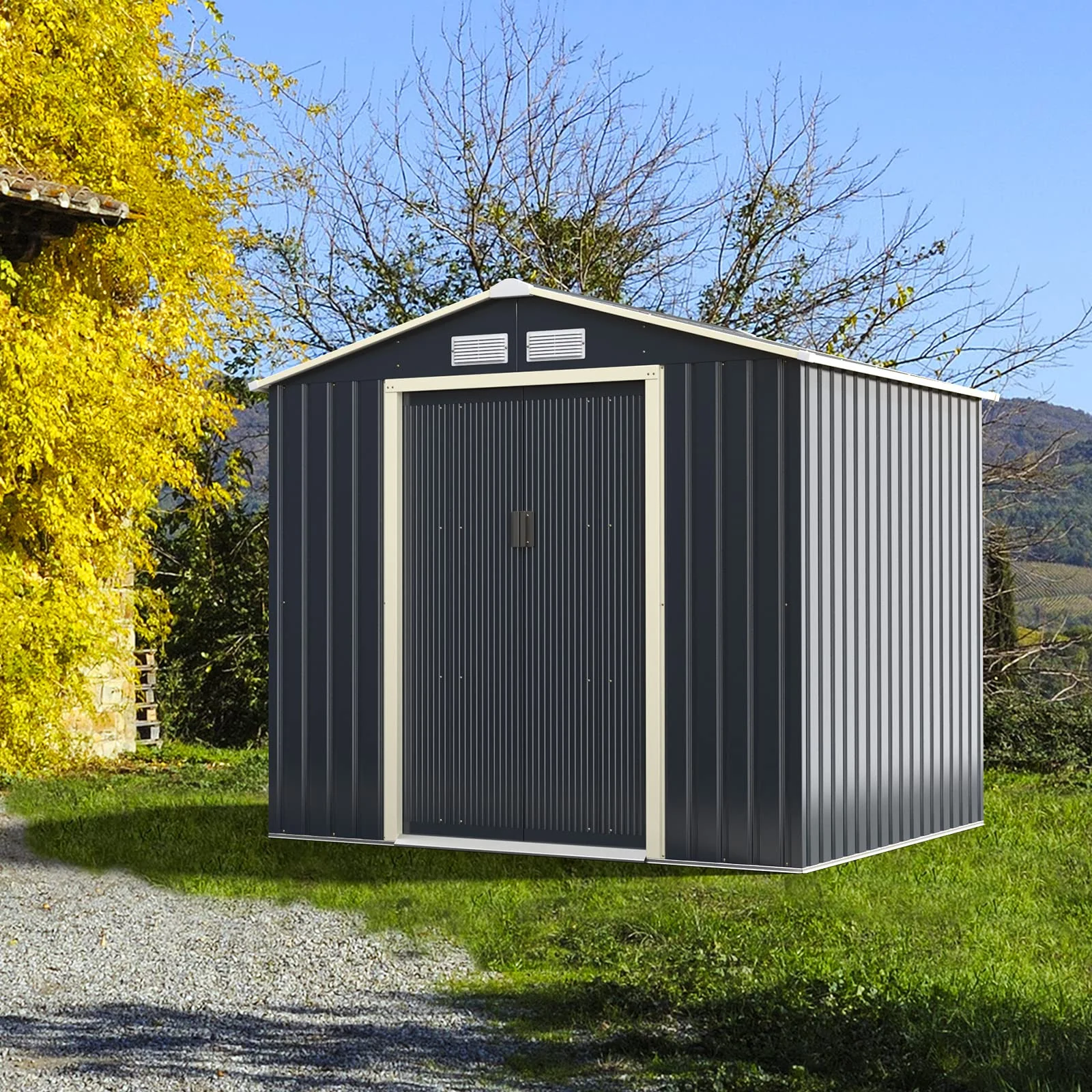 Goplus Storage Shed Metal 7’ X 6’ / 9' x 6' / 9'x 8' Outdoor Building Organizer with 4 Vents & Double Sliding Door - Image 9