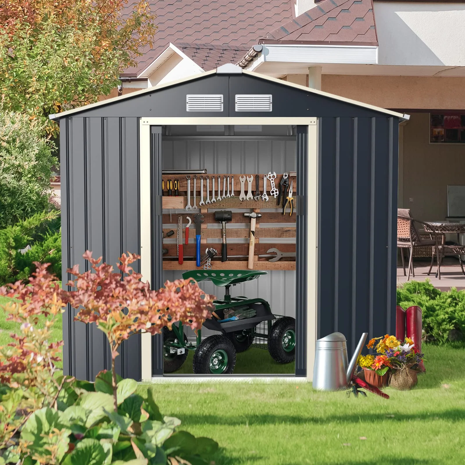 Goplus Storage Shed, Metal Outdoor Building Organizer - Image 15