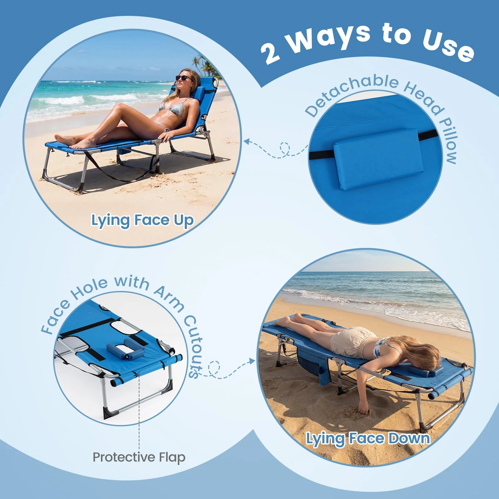 Goplus Tanning Chair with Face Arm Holes w/4-Level Backrest & Head Pillow for Pool Beach - Image 5