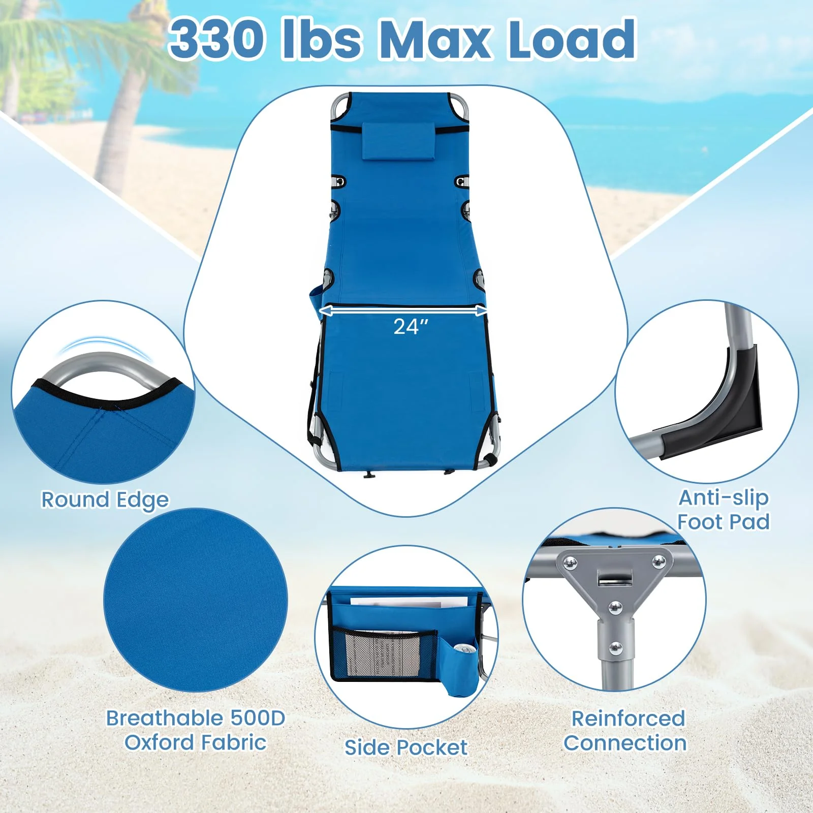 Goplus Tanning Chair with Face Arm Holes w/4-Level Backrest & Head Pillow for Pool Beach - Image 6