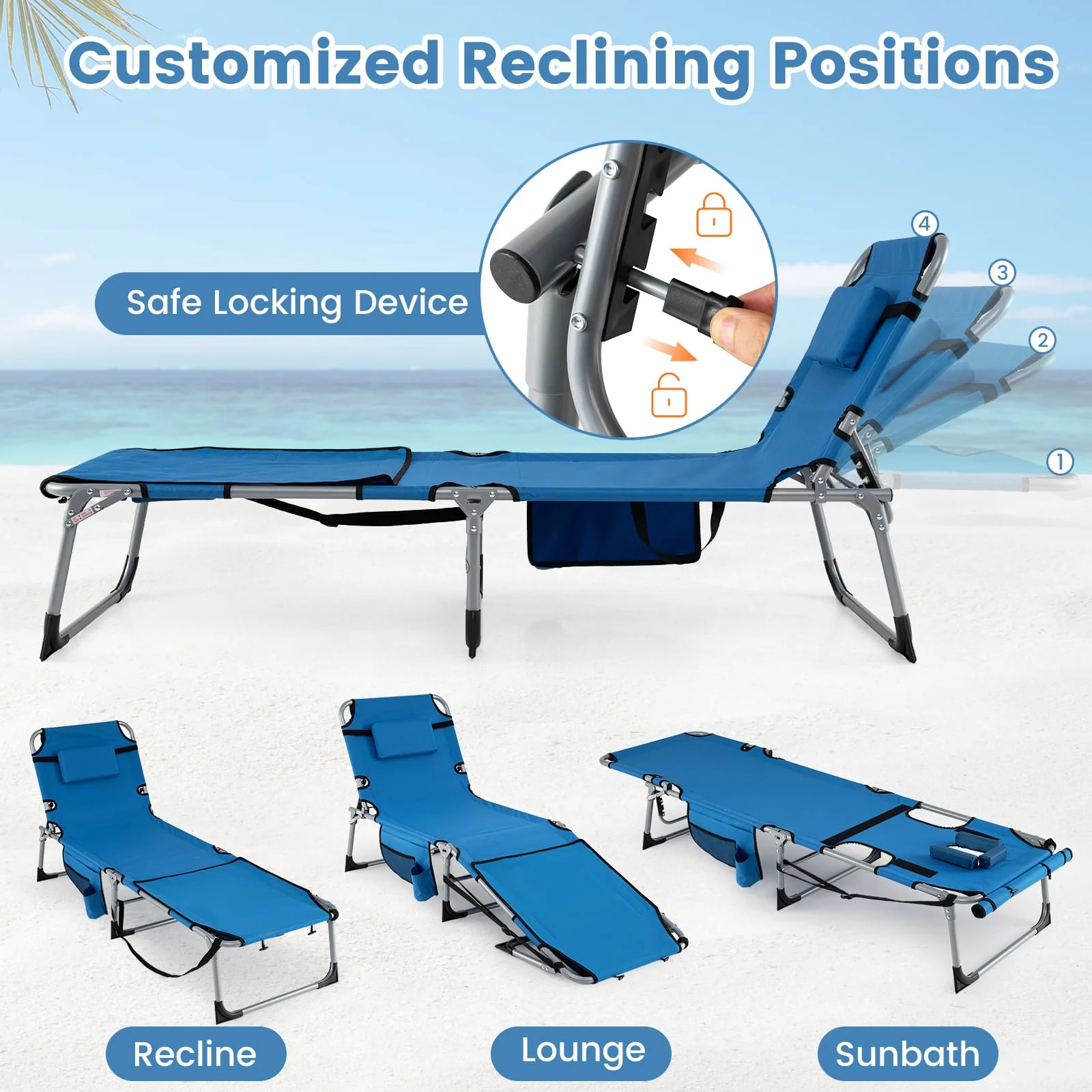 Goplus Tanning Chair with Face Arm Holes w/4-Level Backrest & Head Pillow for Pool Beach - Image 7