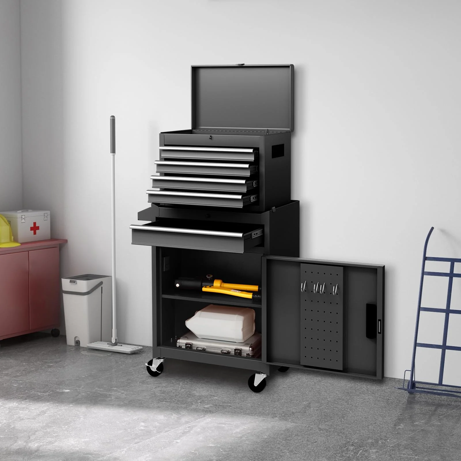 Goplus Tool Chest, 5-Drawer Rolling Tool Storage Cabinet with Detachable Top Tool Box - Image 3
