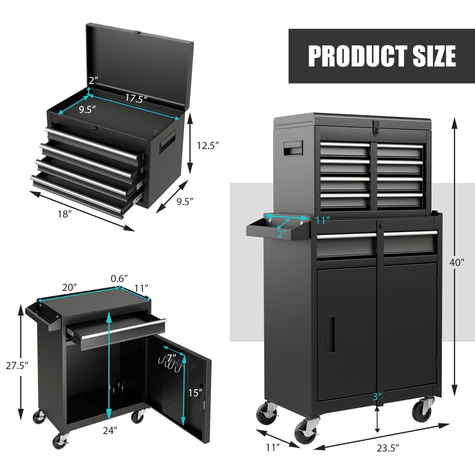 Goplus Tool Chest, 5-Drawer Rolling Tool Storage Cabinet with Detachable Top Tool Box - Image 4