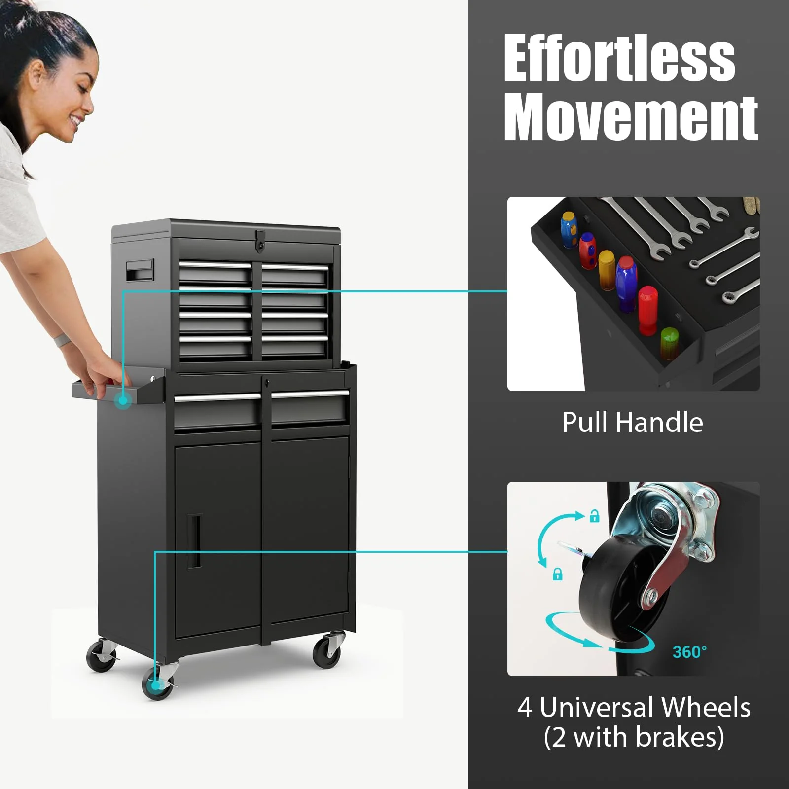 Goplus Tool Chest, 5-Drawer Rolling Tool Storage Cabinet with Detachable Top Tool Box - Image 6