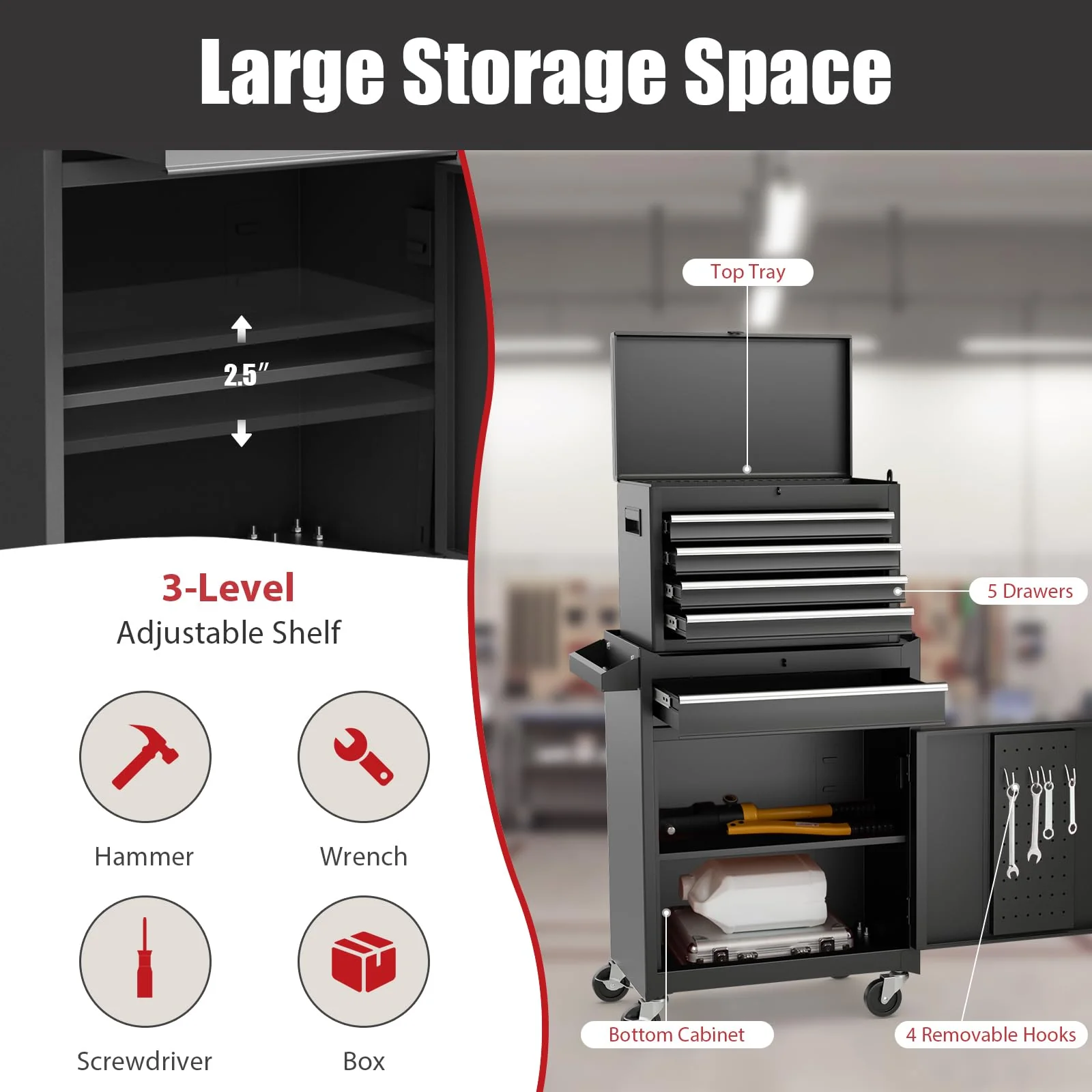 Goplus Tool Chest, 5-Drawer Rolling Tool Storage Cabinet with Detachable Top Tool Box - Image 9