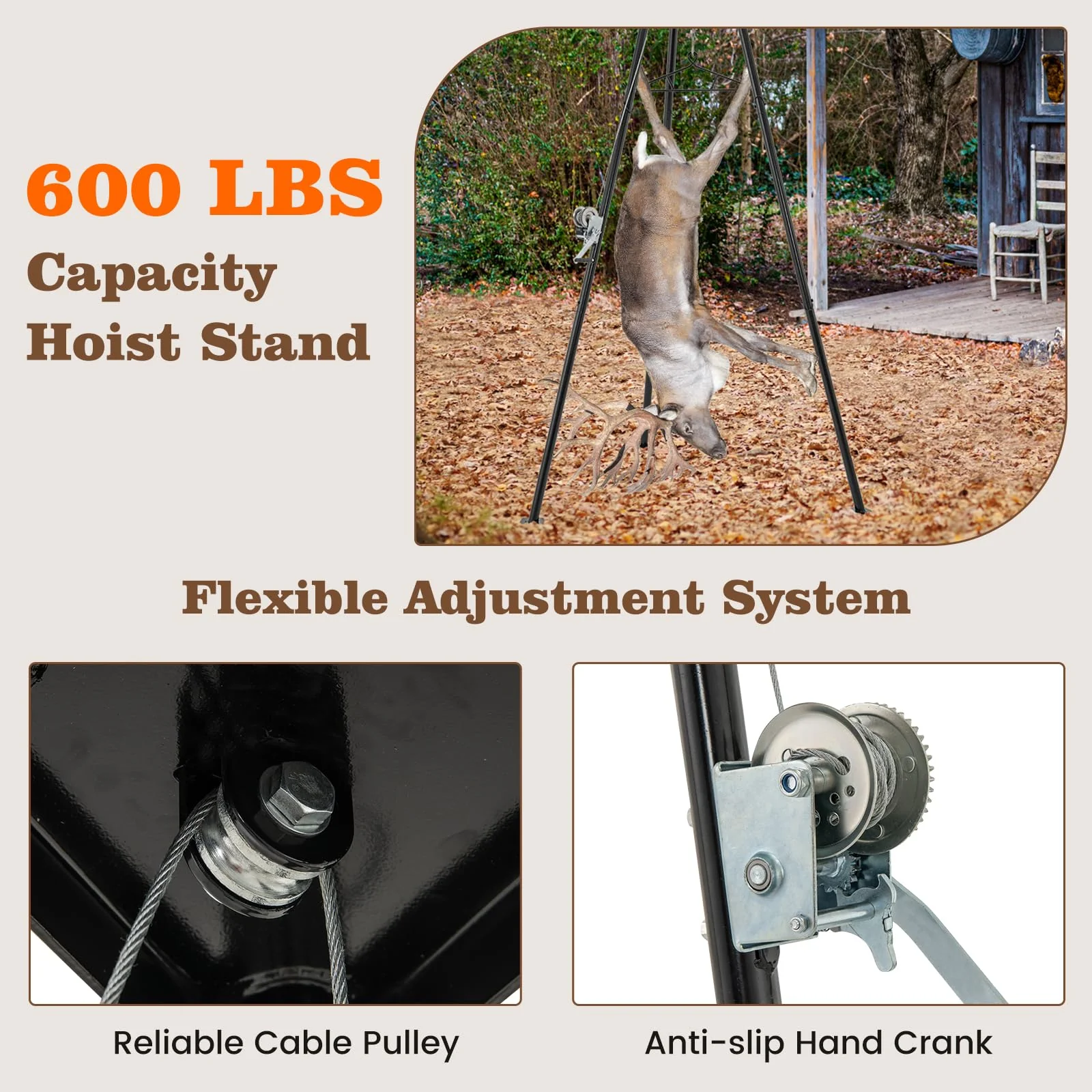 Goplus Tripod Game Hoist, 600 LBS Capacity Hunting Deer Stand with Adjustable Gambrel, Lifting Winch - Image 3