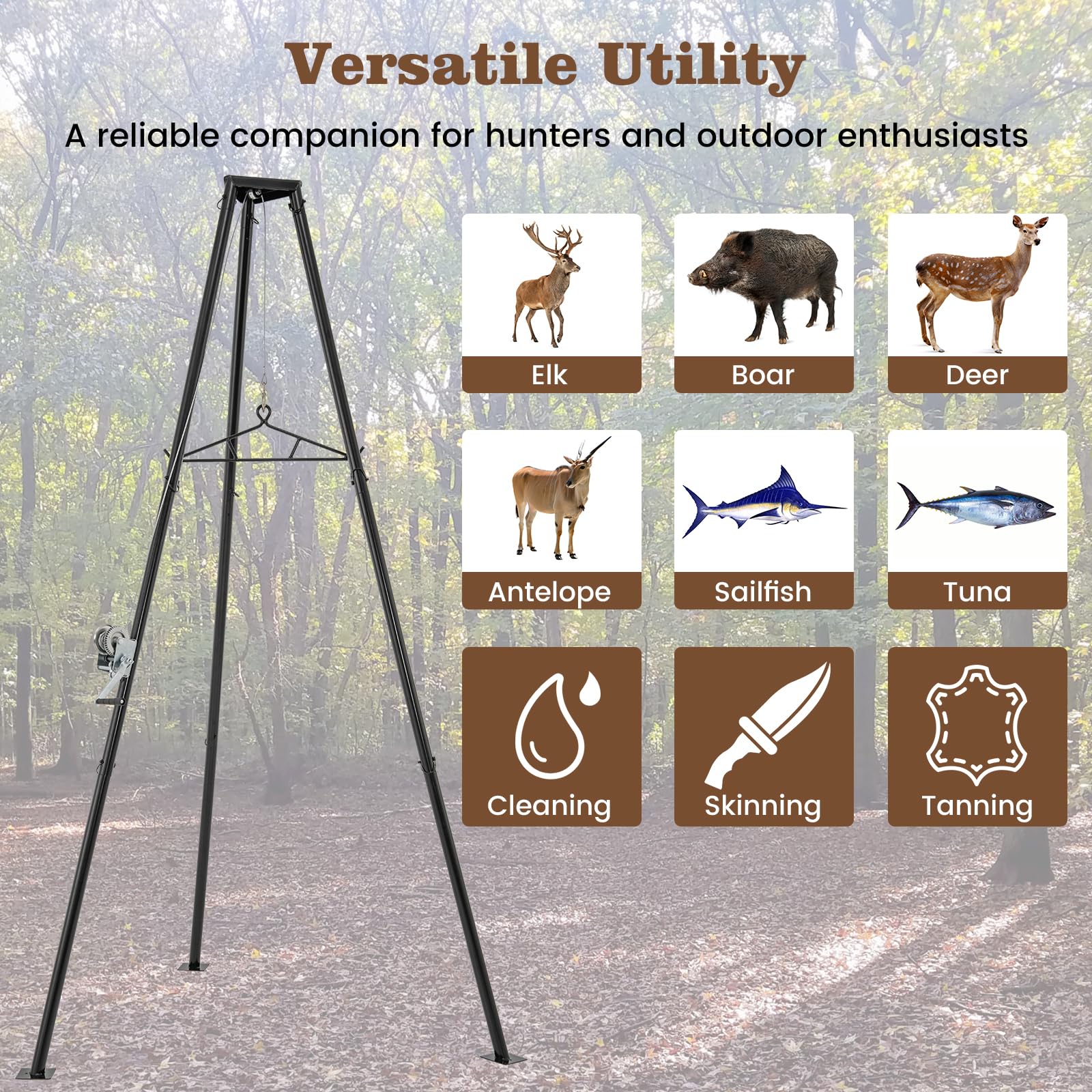 Goplus Tripod Game Hoist, 600 LBS Capacity Hunting Deer Stand with Adjustable Gambrel, Lifting Winch - Image 5