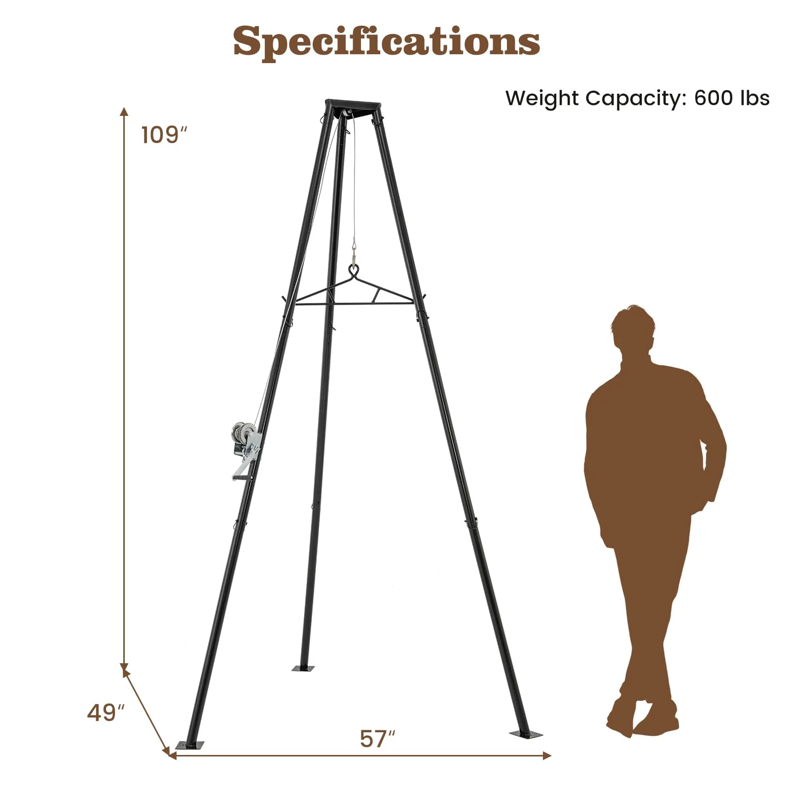 Goplus Tripod Game Hoist, 600 LBS Capacity Hunting Deer Stand with Adjustable Gambrel, Lifting Winch - Image 6