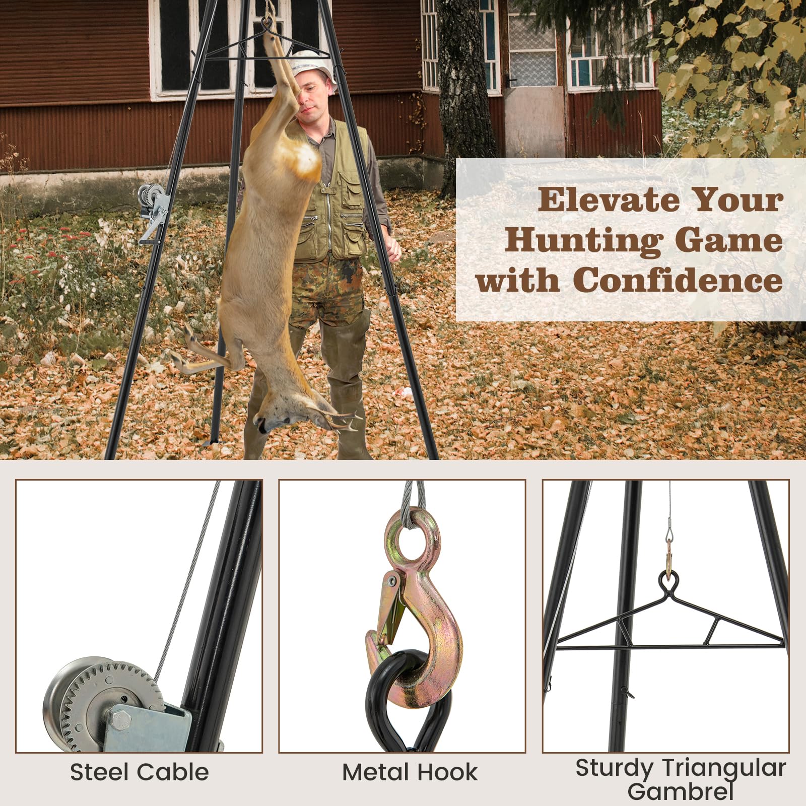 Goplus Tripod Game Hoist, 600 LBS Capacity Hunting Deer Stand with Adjustable Gambrel, Lifting Winch - Image 7