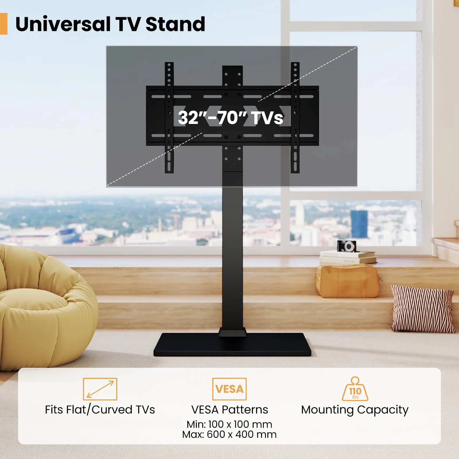 Goplus Universal TV Stand Table Top for 32-70 Inch TVs up to 110 lbs, Height Adjustable TV Mount Stand/Base with AV Shelf - Image 3