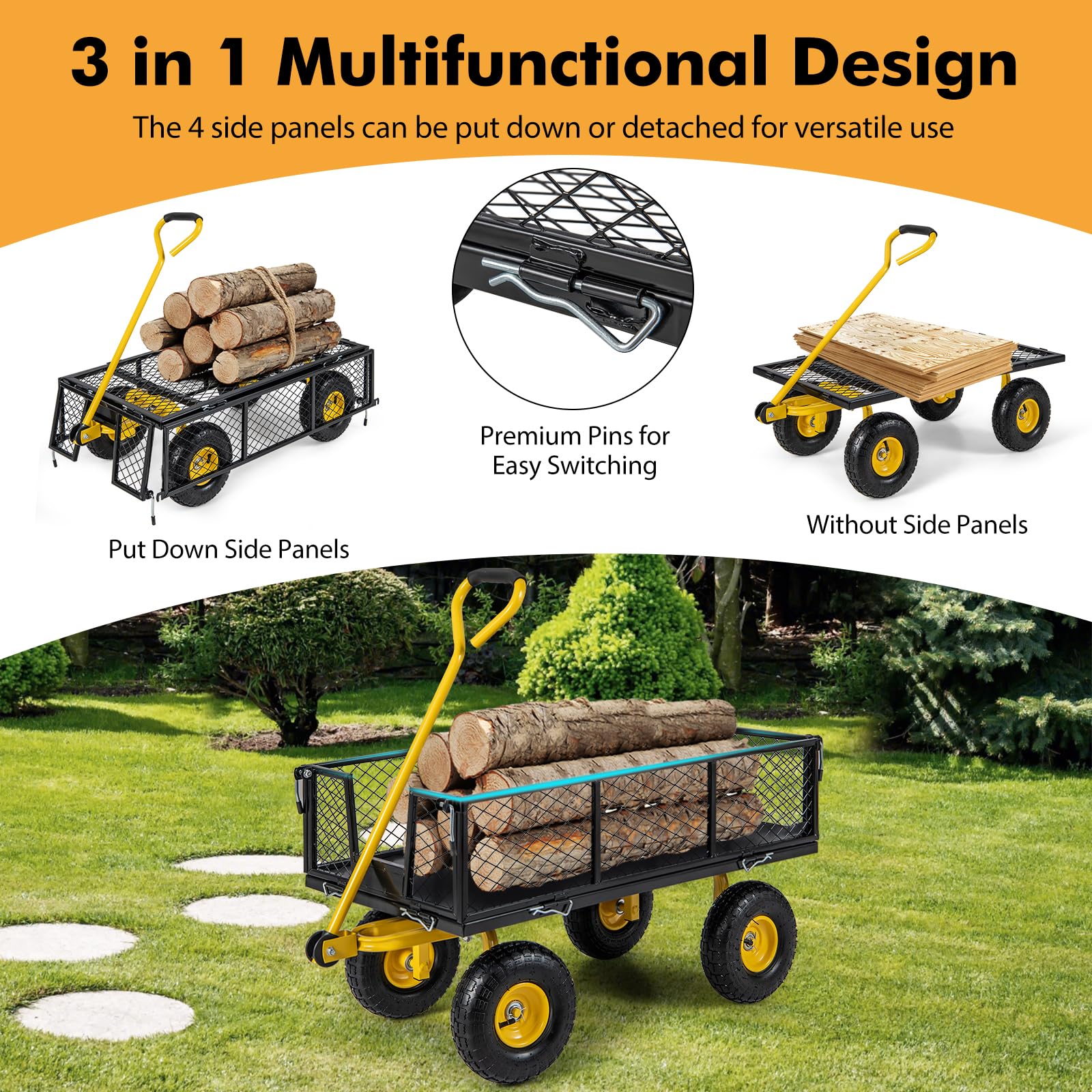 Goplus Utility Garden Wagon, Outdoor Platform Cart w/4 Removable Side Panels, 900 LBS Load Capacity (43” x 21” x 36”) - Image 3