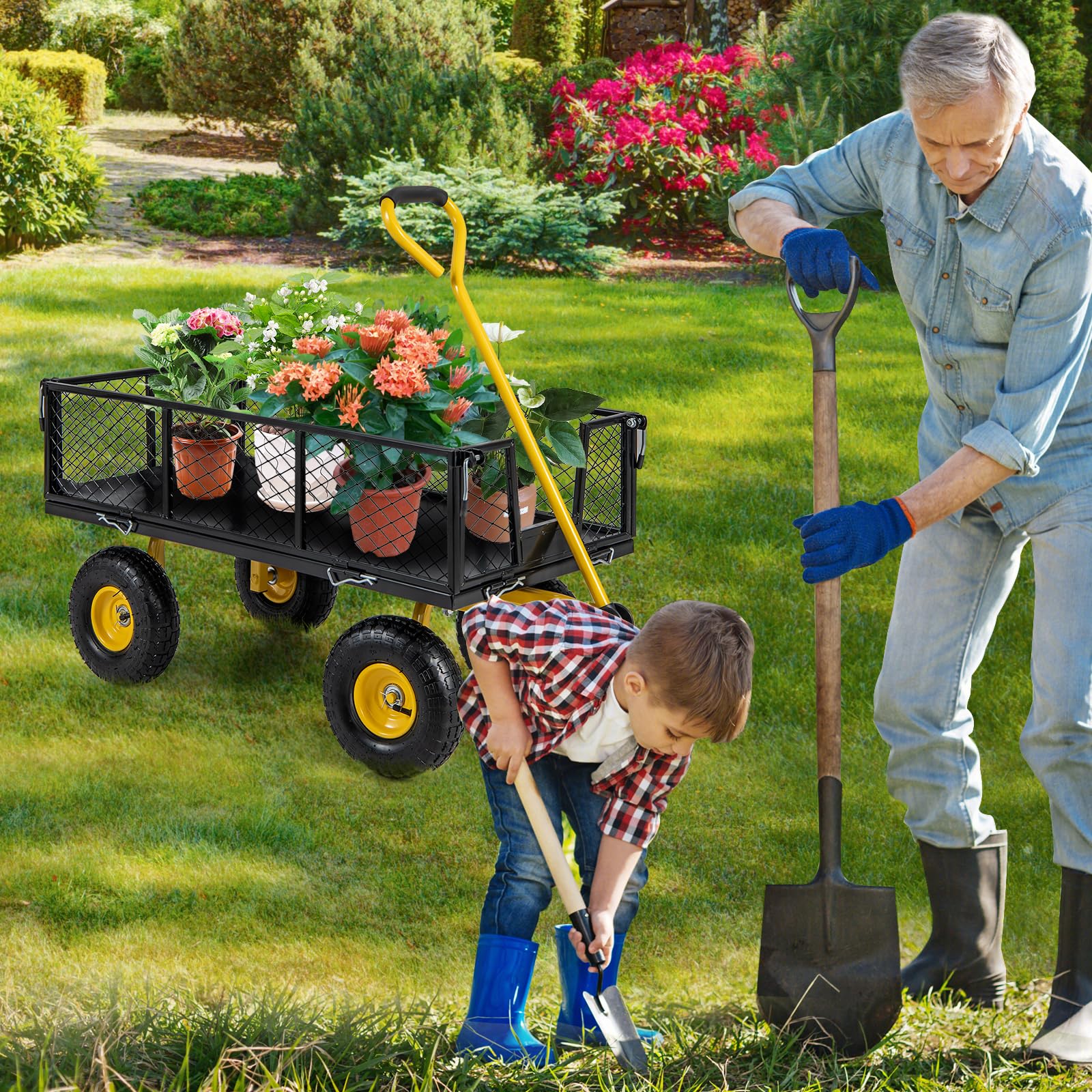 Goplus Utility Garden Wagon, Outdoor Platform Cart w/4 Removable Side Panels, 900 LBS Load Capacity (43” x 21” x 36”) - Image 8