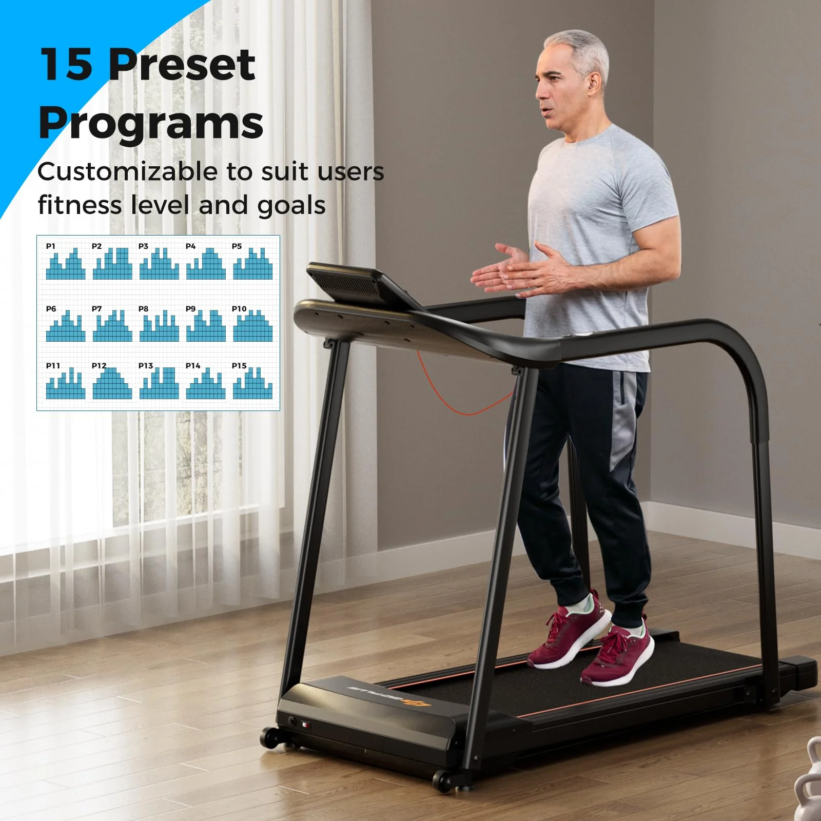 Goplus Walking Treadmill for Senior with Long Handrail, 300 lbs Capacity, Recovery Fitness Exercise Machine for Home with Pulse Sensors - Image 7