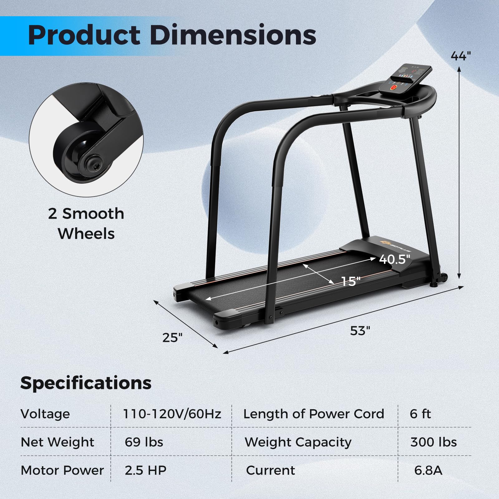 Goplus Walking Treadmill for Senior with Long Handrail, 300 lbs Capacity, Recovery Fitness Exercise Machine for Home with Pulse Sensors - Image 8
