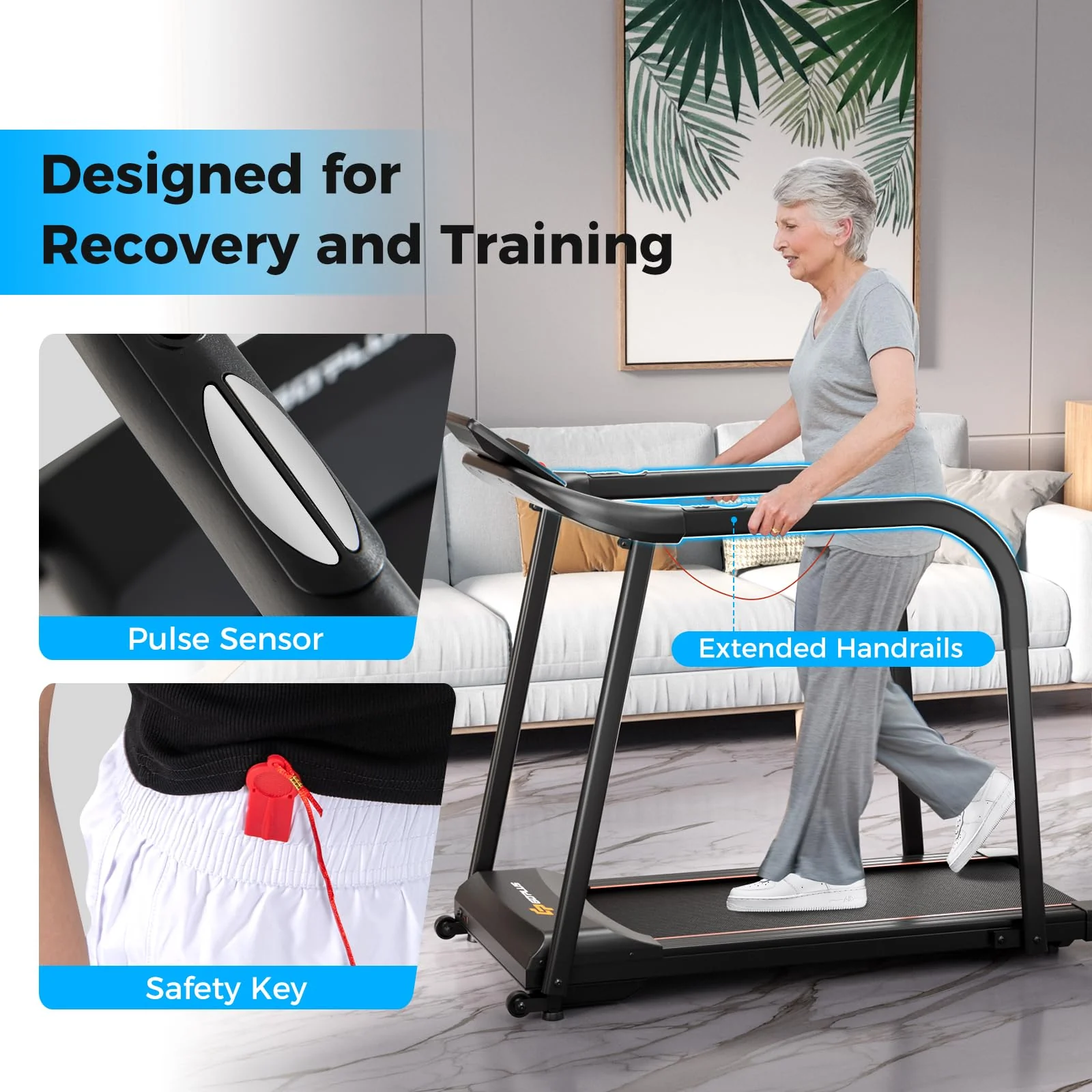 Goplus Walking Treadmill for Senior with Long Handrail, 300 lbs Capacity, Recovery Fitness Exercise Machine for Home with Pulse Sensors - Image 9