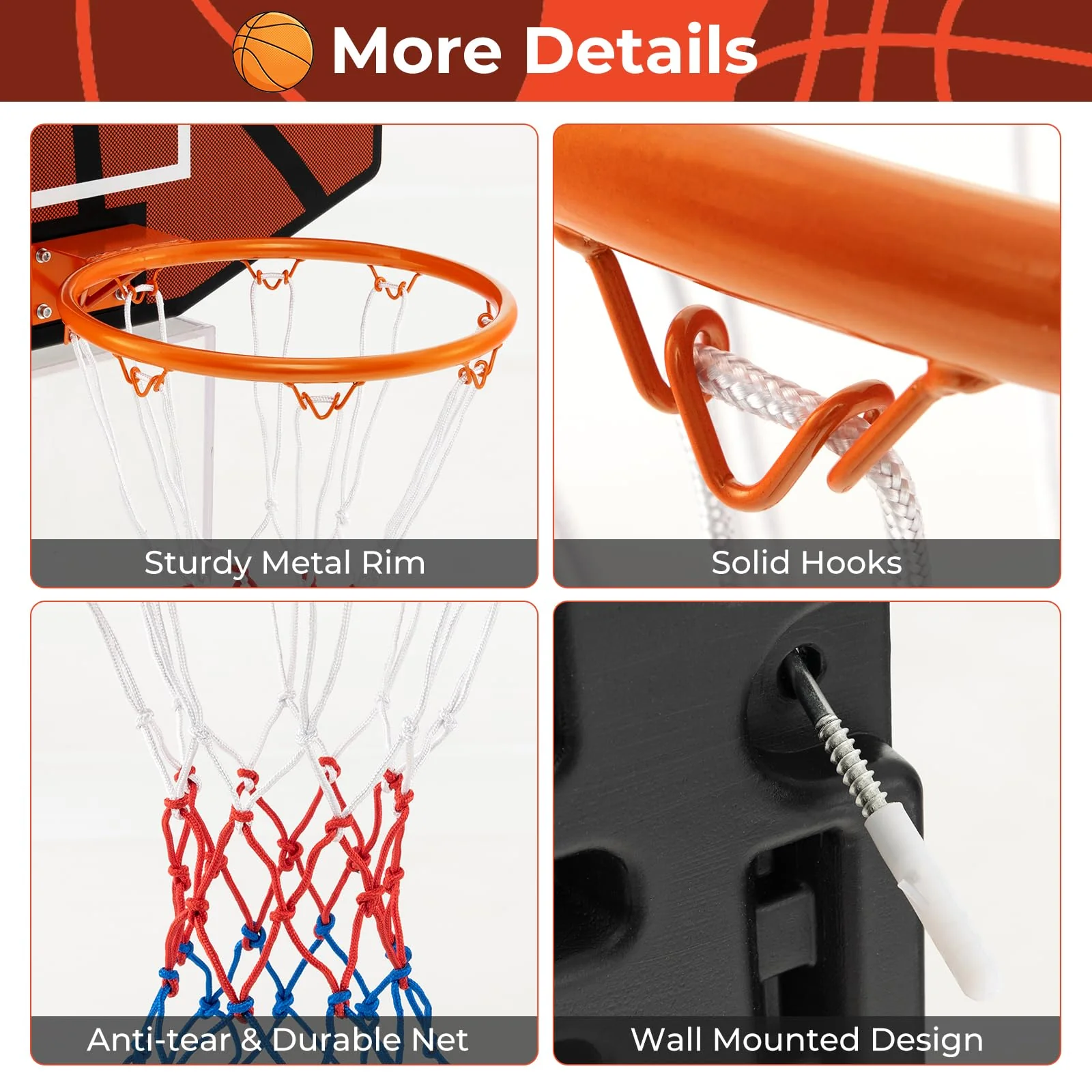 Goplus Wall Mount Basketball Hoop, 26" x 17.5" Indoor Outdoor Basketball Games w/Large Shatter-Proof Backboard - Image 5