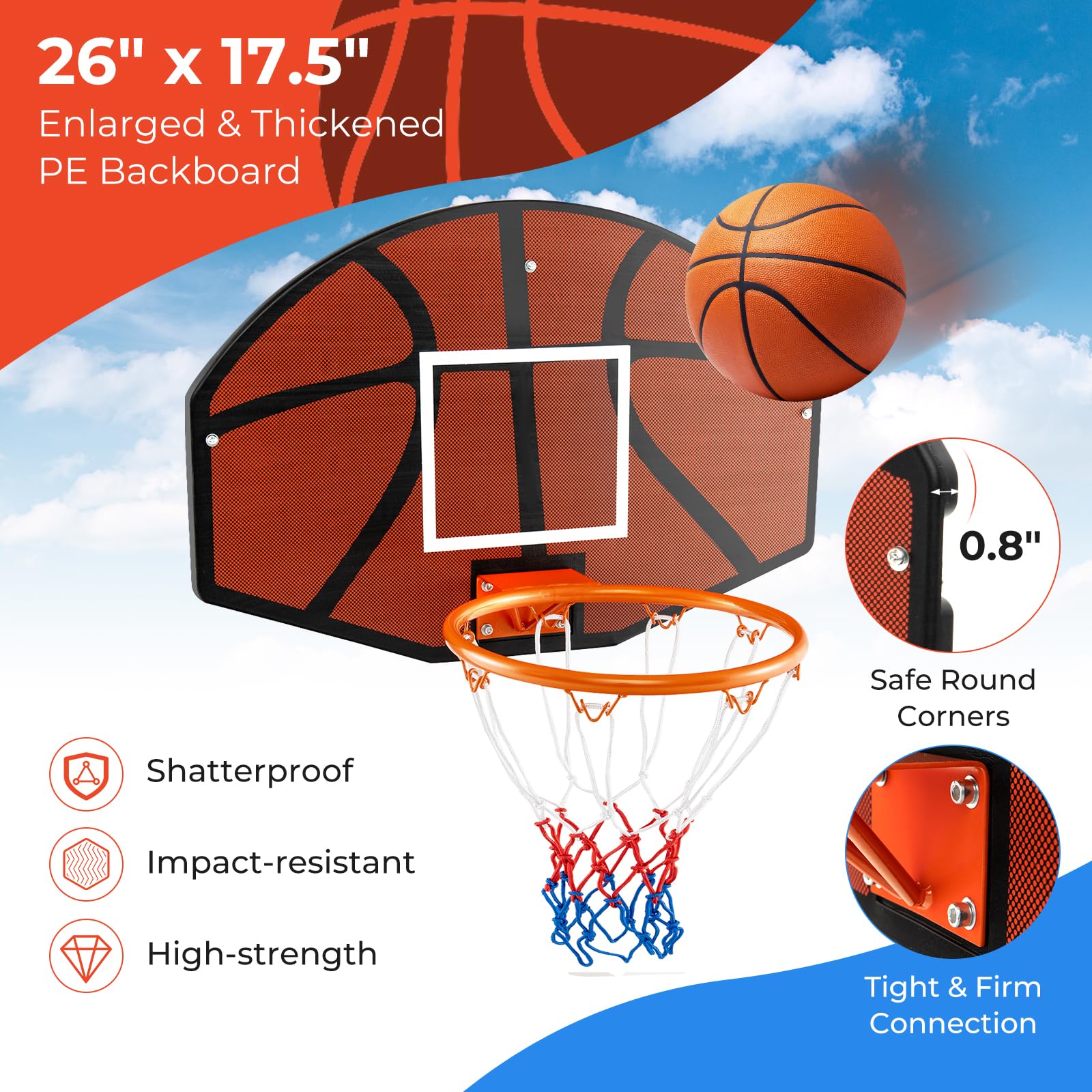 Goplus Wall Mount Basketball Hoop, 26" x 17.5" Indoor Outdoor Basketball Games w/Large Shatter-Proof Backboard - Image 6