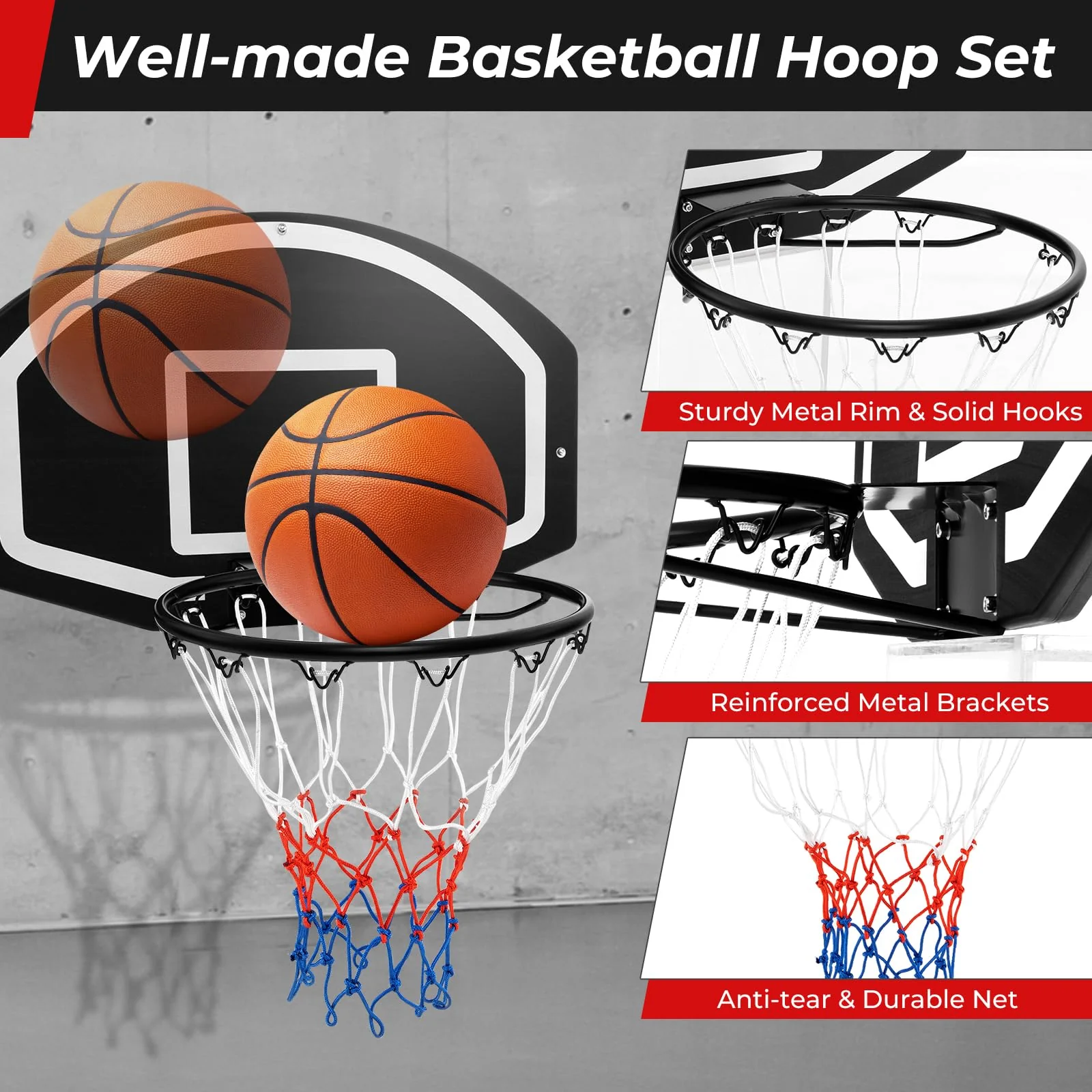 Goplus Wall Mount Basketball Hoop, 28.5¡¯¡¯ x 18¡¯¡¯ Large Backboard with 17¡¯¡¯ Rim, Shatter-Proof Backboard - Image 5