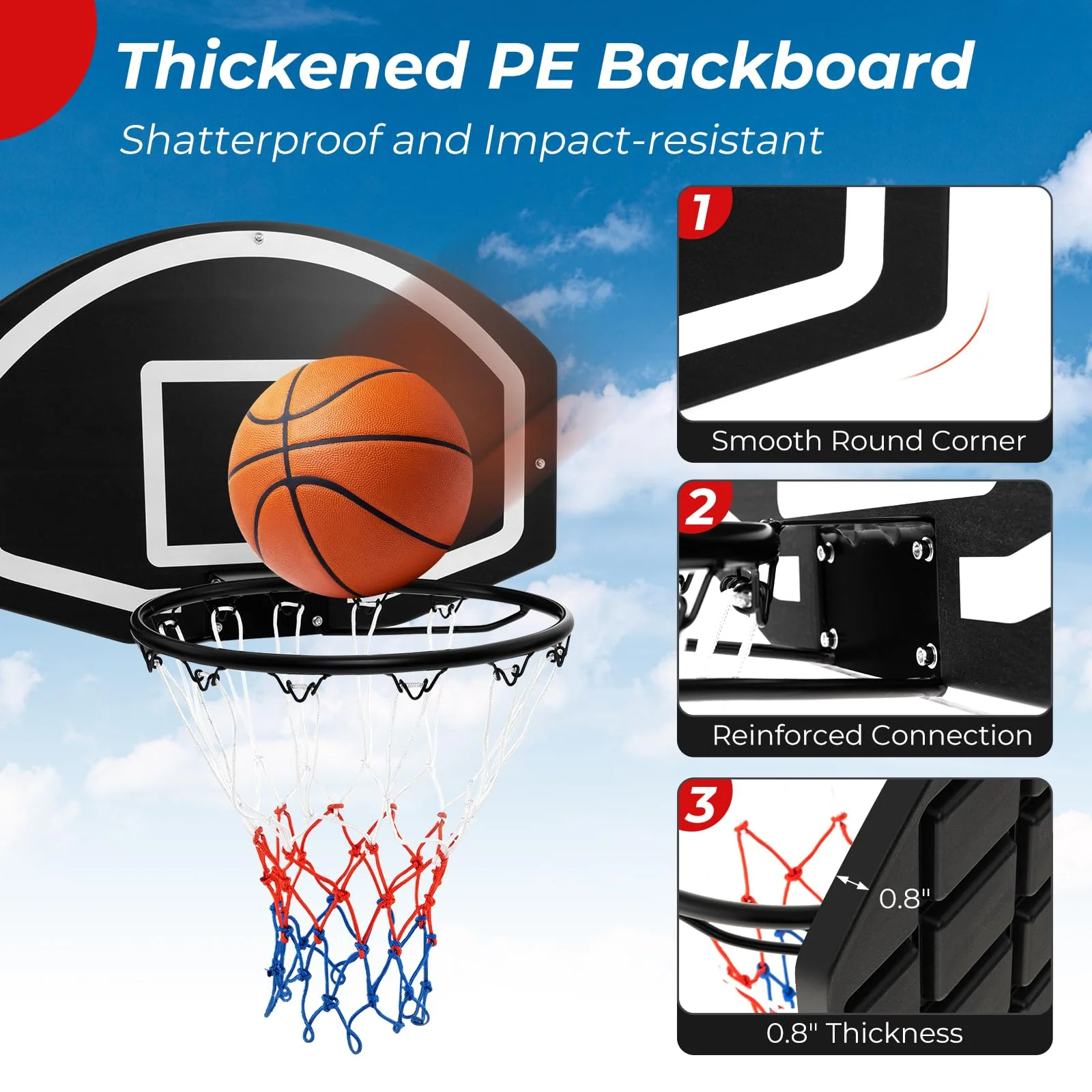 Goplus Wall Mount Basketball Hoop, 28.5¡¯¡¯ x 18¡¯¡¯ Large Backboard with 17¡¯¡¯ Rim, Shatter-Proof Backboard - Image 6