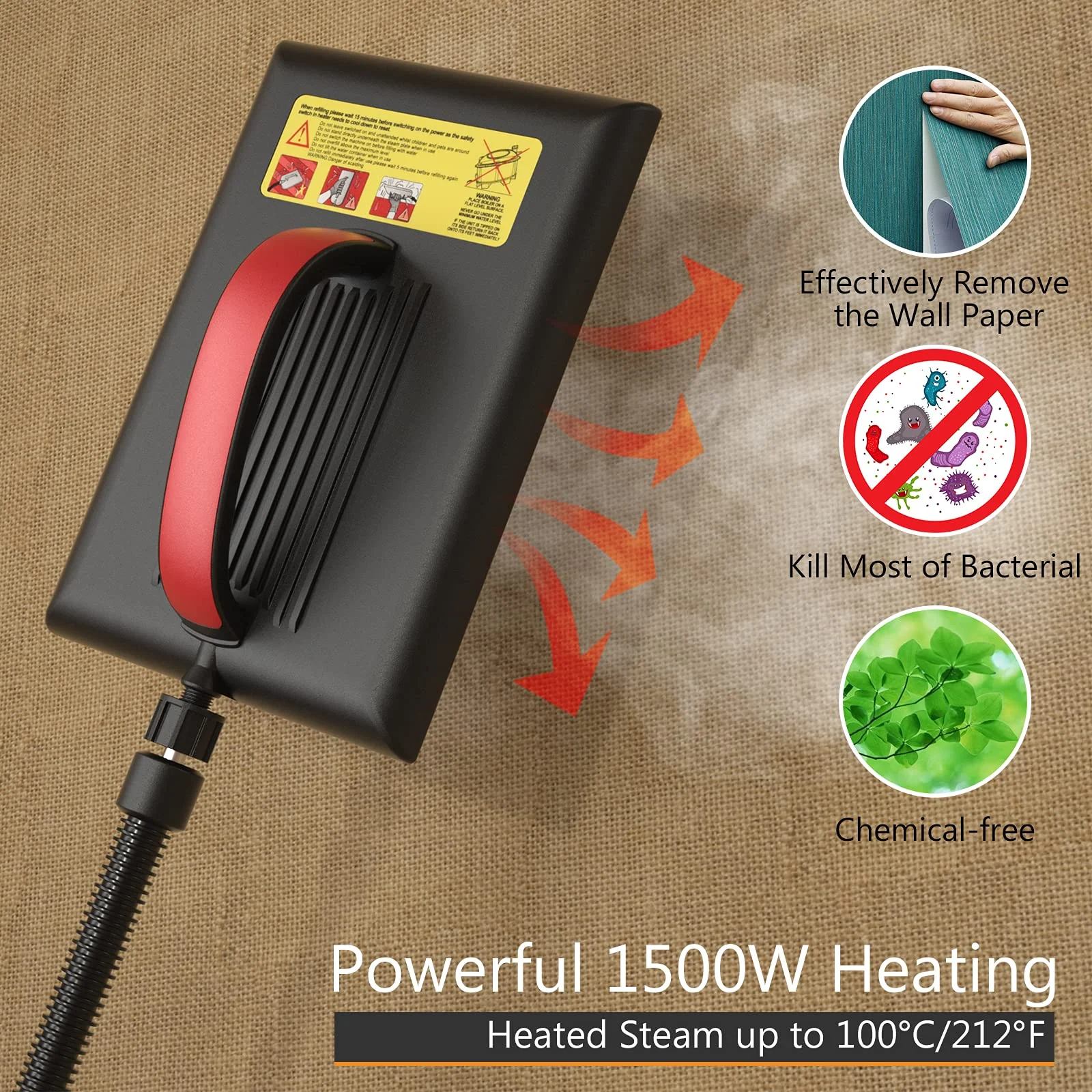 Goplus Wallpaper Steamer Chemical-Free Cleaner for Wallpaper Removal w/ 10FT Hose & Large Steam Plate - Image 3