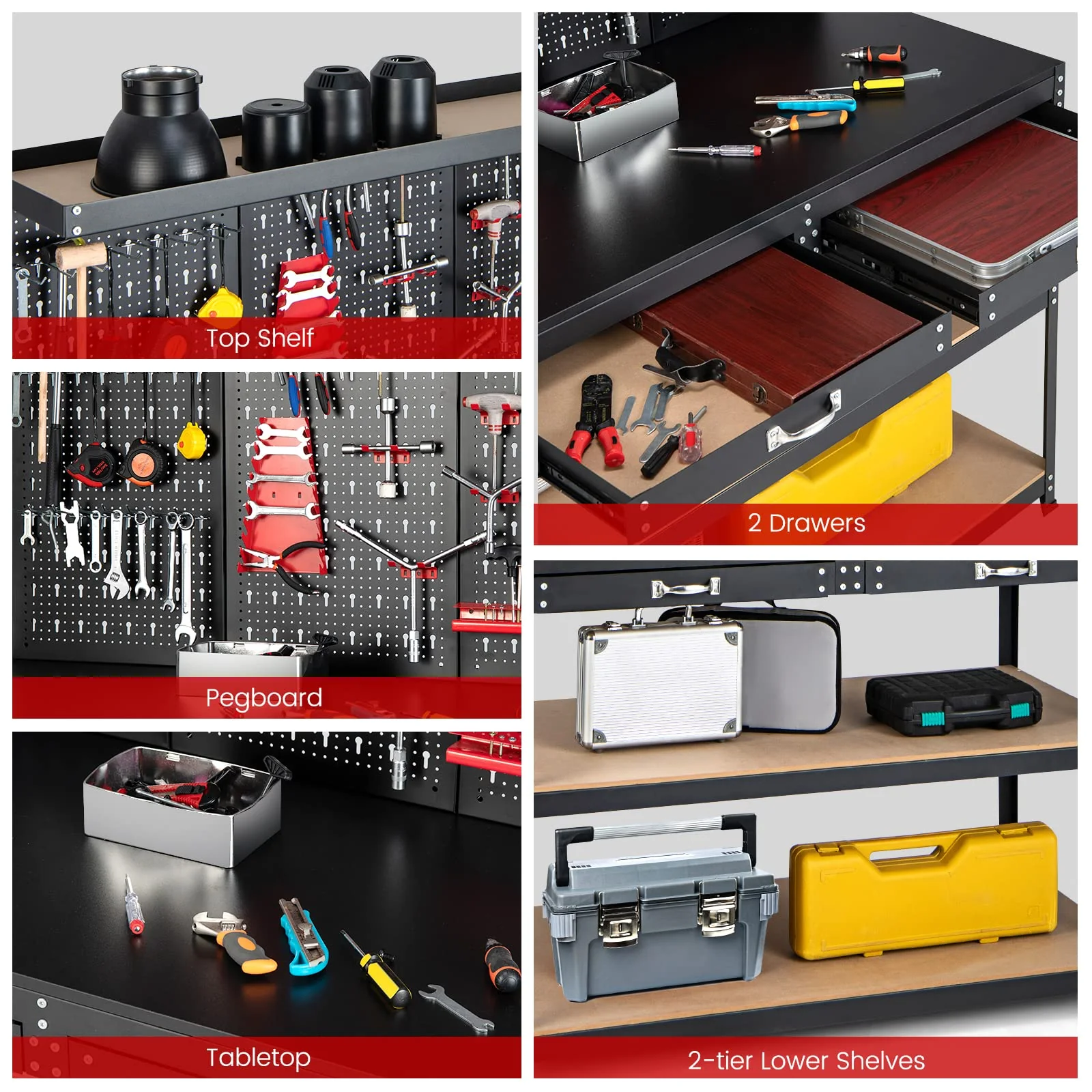Goplus Workbench, Work Table with Drawer, Pegboard, Hanging Accessories, Topping Space, 48" x 24" with Drawer - Image 3