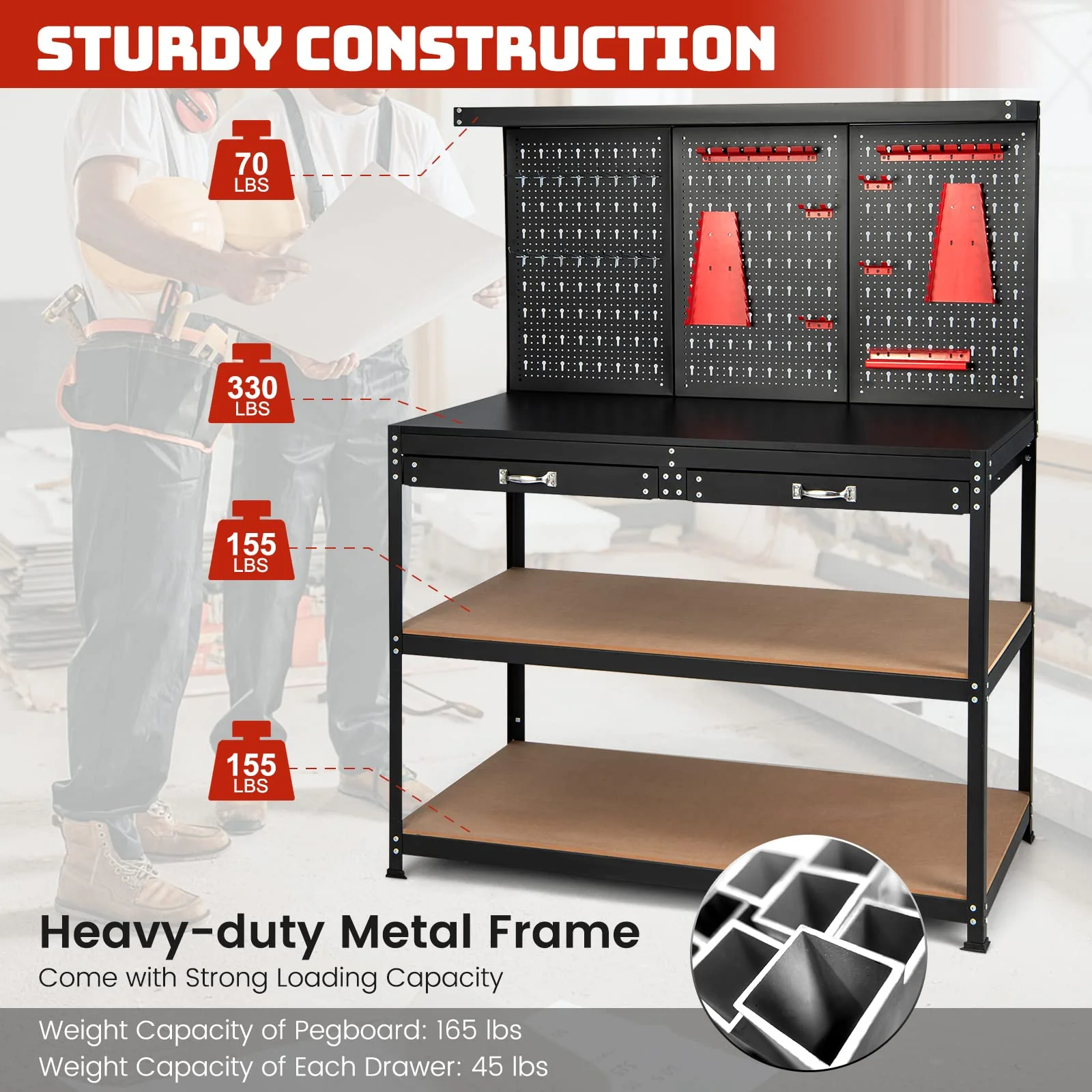 Goplus Workbench, Work Table with Drawer, Pegboard, Hanging Accessories, Topping Space, 48" x 24" with Drawer - Image 4
