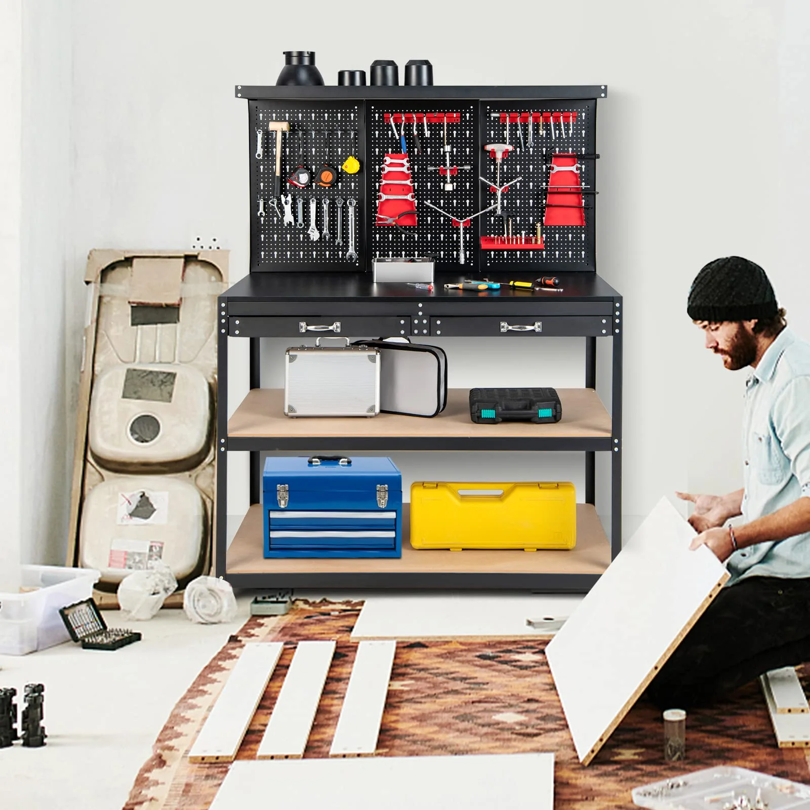 Goplus Workbench, Work Table with Drawer, Pegboard, Hanging Accessories, Topping Space, 48" x 24" with Drawer - Image 9
