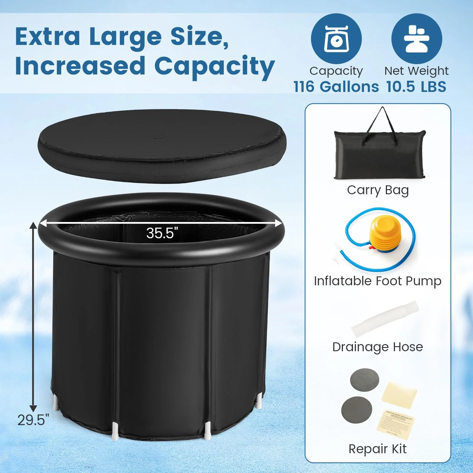 Goplus XL Ice Bath Tub for Athletes, 116 Gal Large Cold Plunge Tub with Cover for Cold Water Therapy Recovery - Image 7