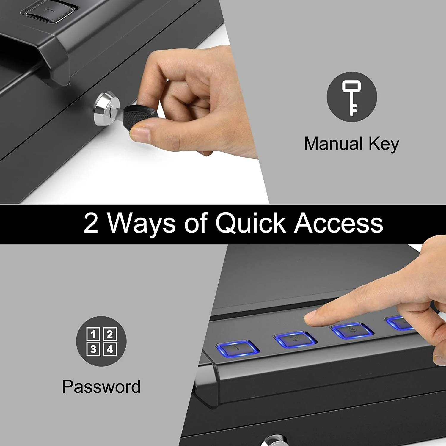 Gun Safe for 2 Pistols, Handgun Safe with Password & Backup Keys for Quick Access - Image 3