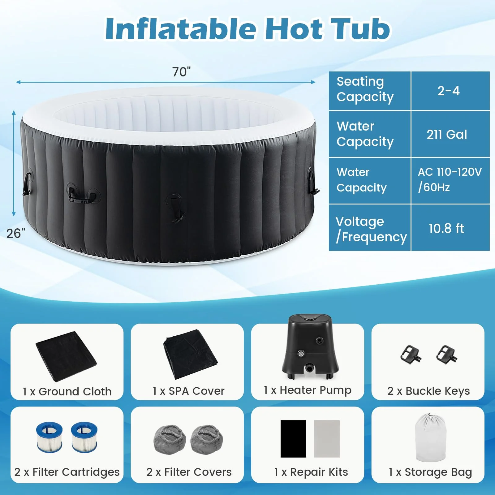 Goplus Inflatable Hot Tub SPA Person Portable Pool Hottub with 130 Air Jets - Image 10