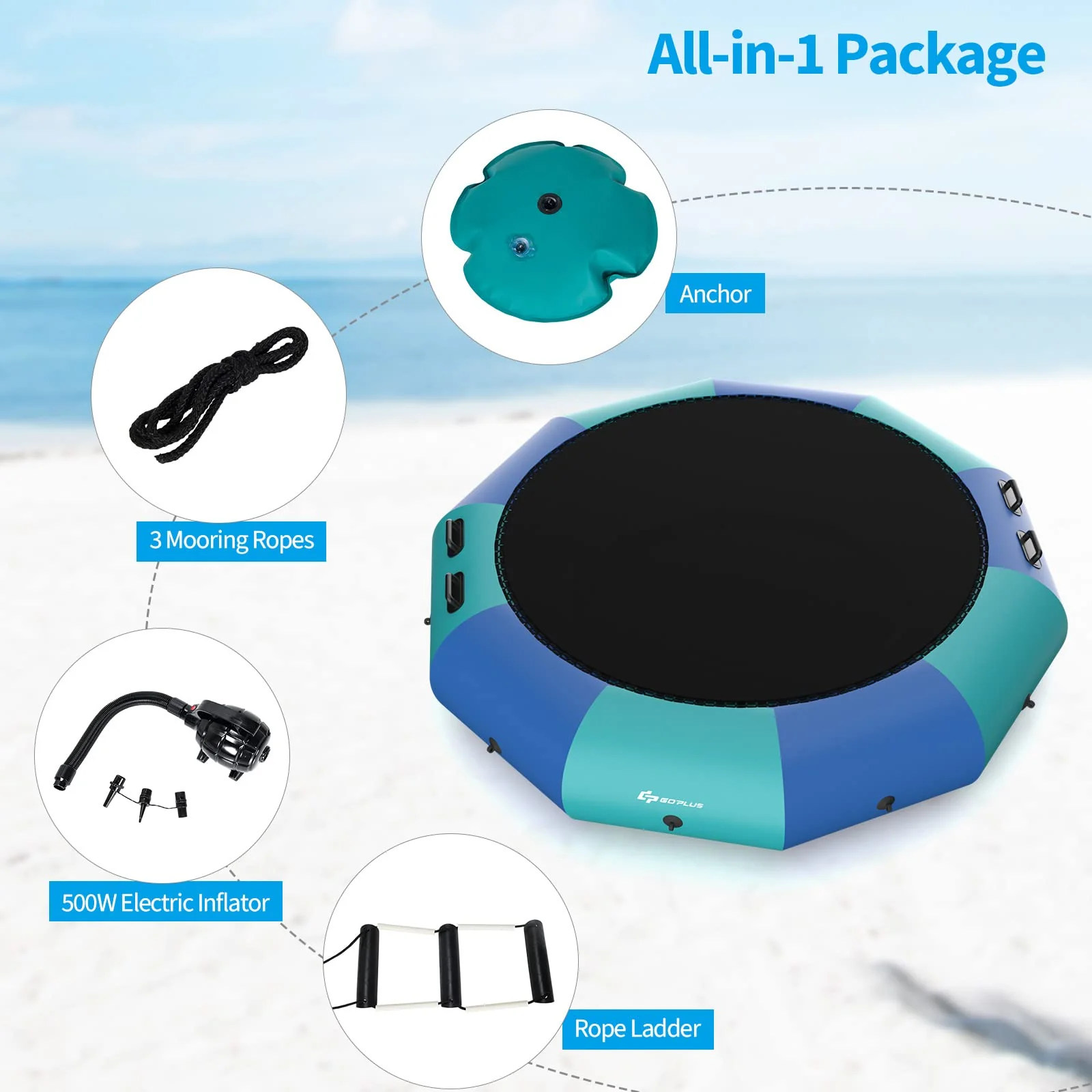 Inflatable Water Trampoline, 10FT/12FT/15FT Recreational Water Bouncer w/ Electric Inflator, Rope Ladder - Image 5