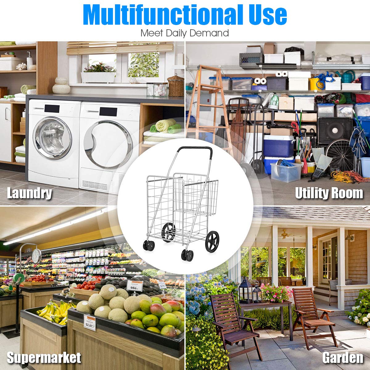 Jumbo Folding Shopping Cart for Grocery Laundry Book Luggage Travel - Image 4