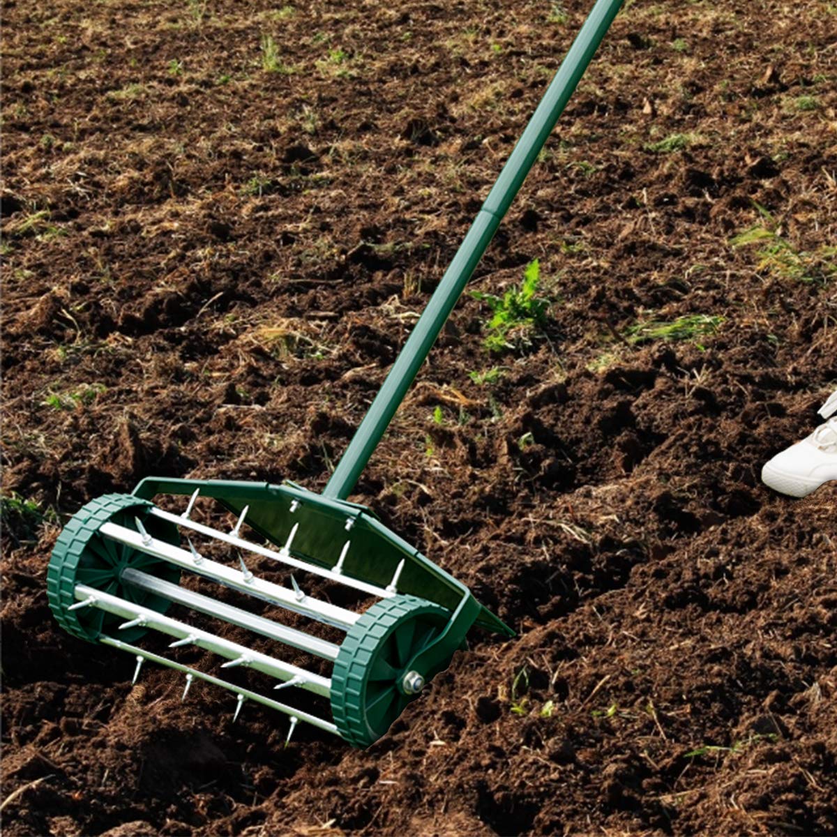 Lawn Aerator 18-inch Garden Yard Rotary Push Tine Heavy Duty Spike Soil Aeration, 40.5-in Handle (Green w/Fender) - Image 6