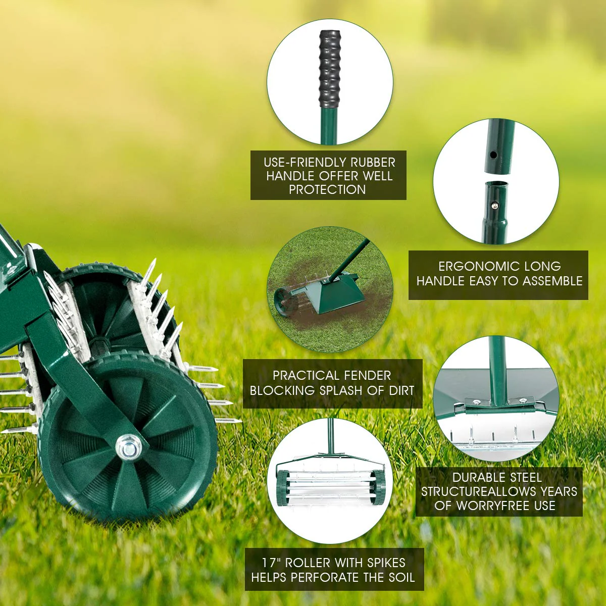 Lawn Aerator 18-inch Garden Yard Rotary Push Tine Heavy Duty Spike Soil Aeration, 40.5-in Handle (Green w/Fender) - Image 7