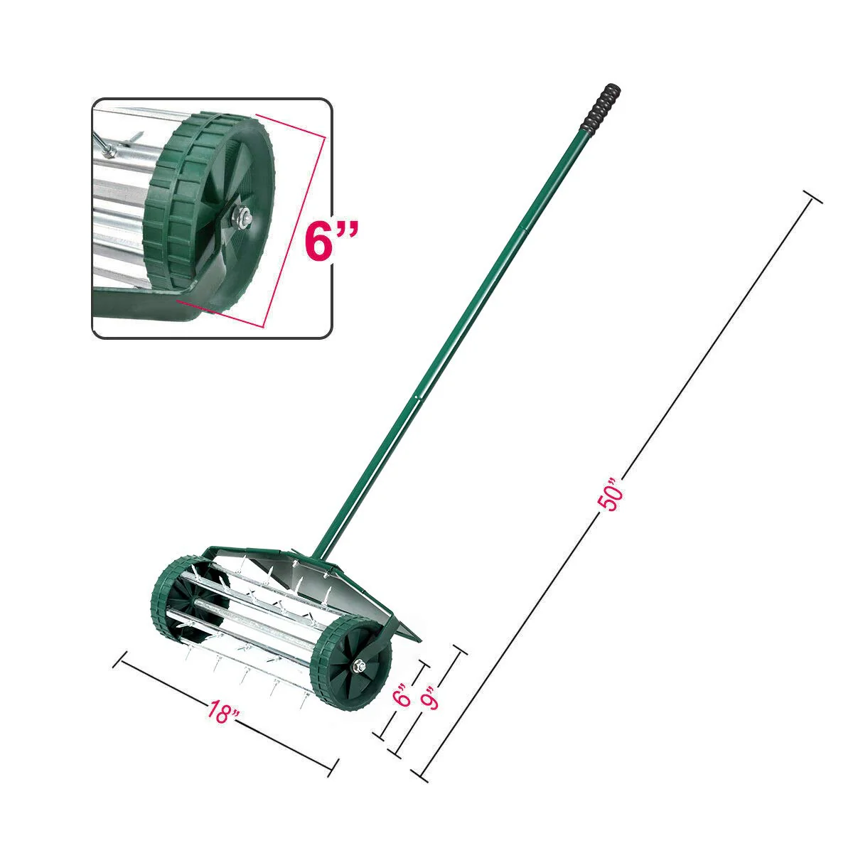 Lawn Aerator 18-inch Garden Yard Rotary Push Tine Heavy Duty Spike Soil Aeration, 40.5-in Handle (Green w/Fender) - Image 9