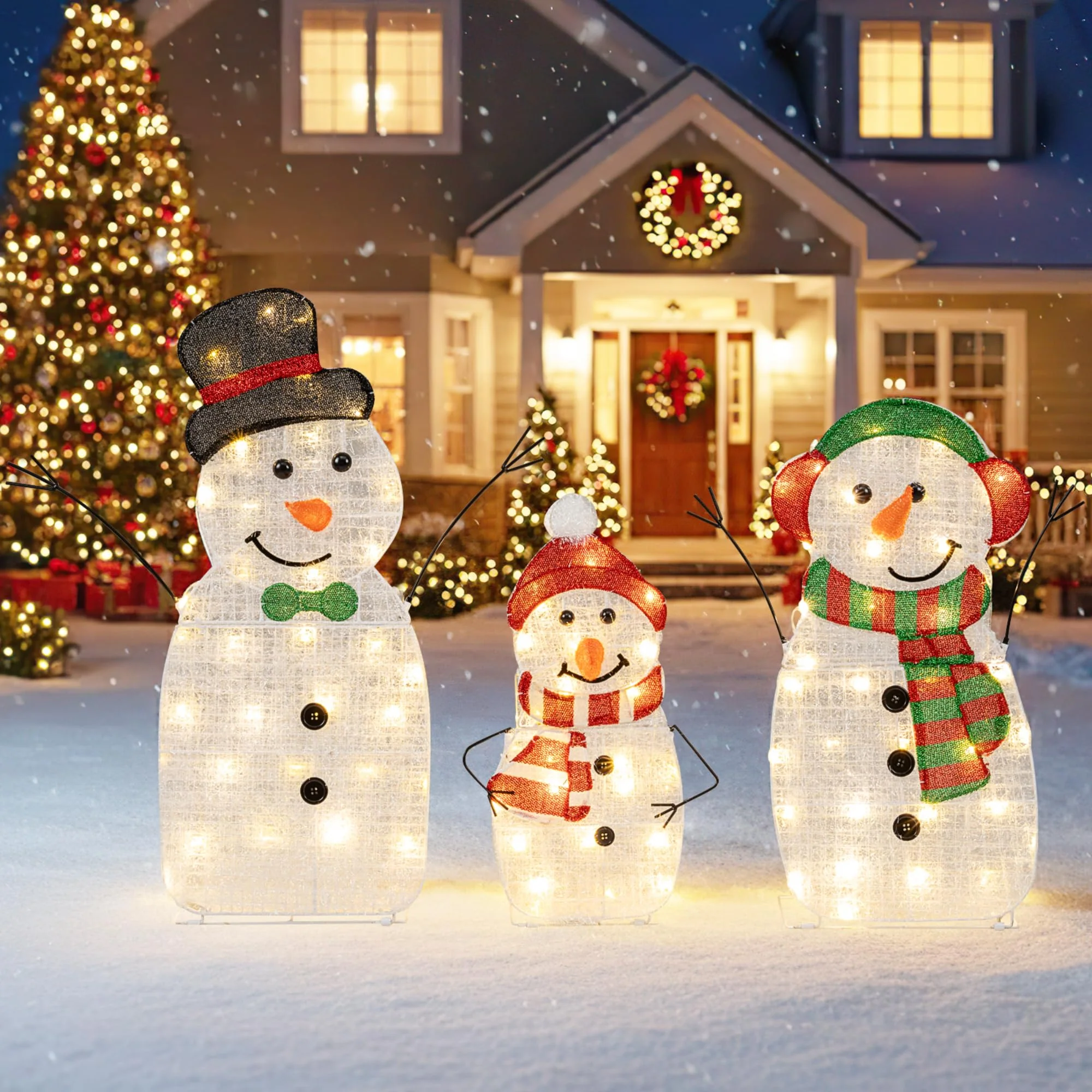 Lighted Snowman Family Christmas Decoration 3-Piece Pre-Lit 2D Snowman Set - Image 2