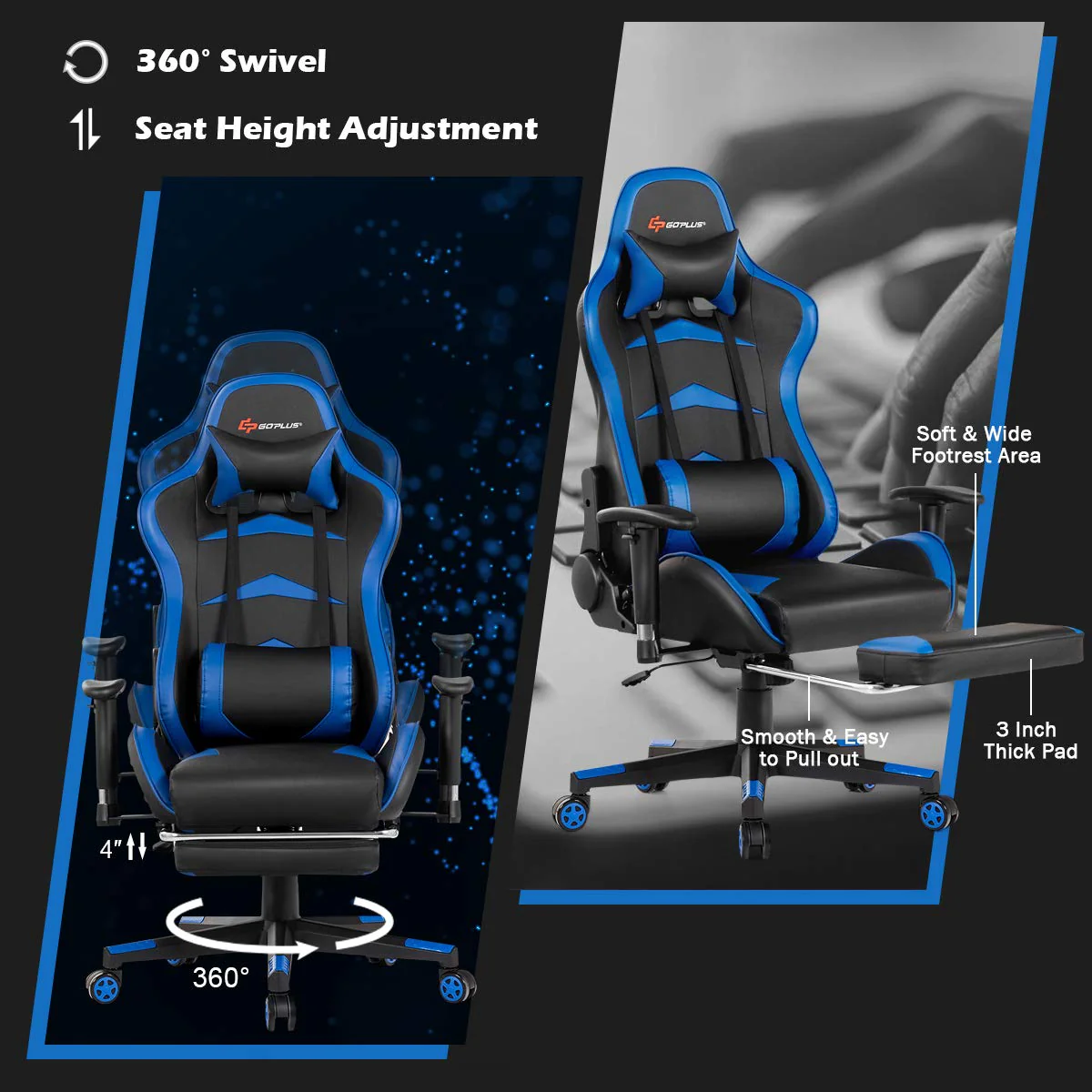 Massage Gaming Chair, Reclining Backrest, Handrails and Seat Height Adjustment - Image 4