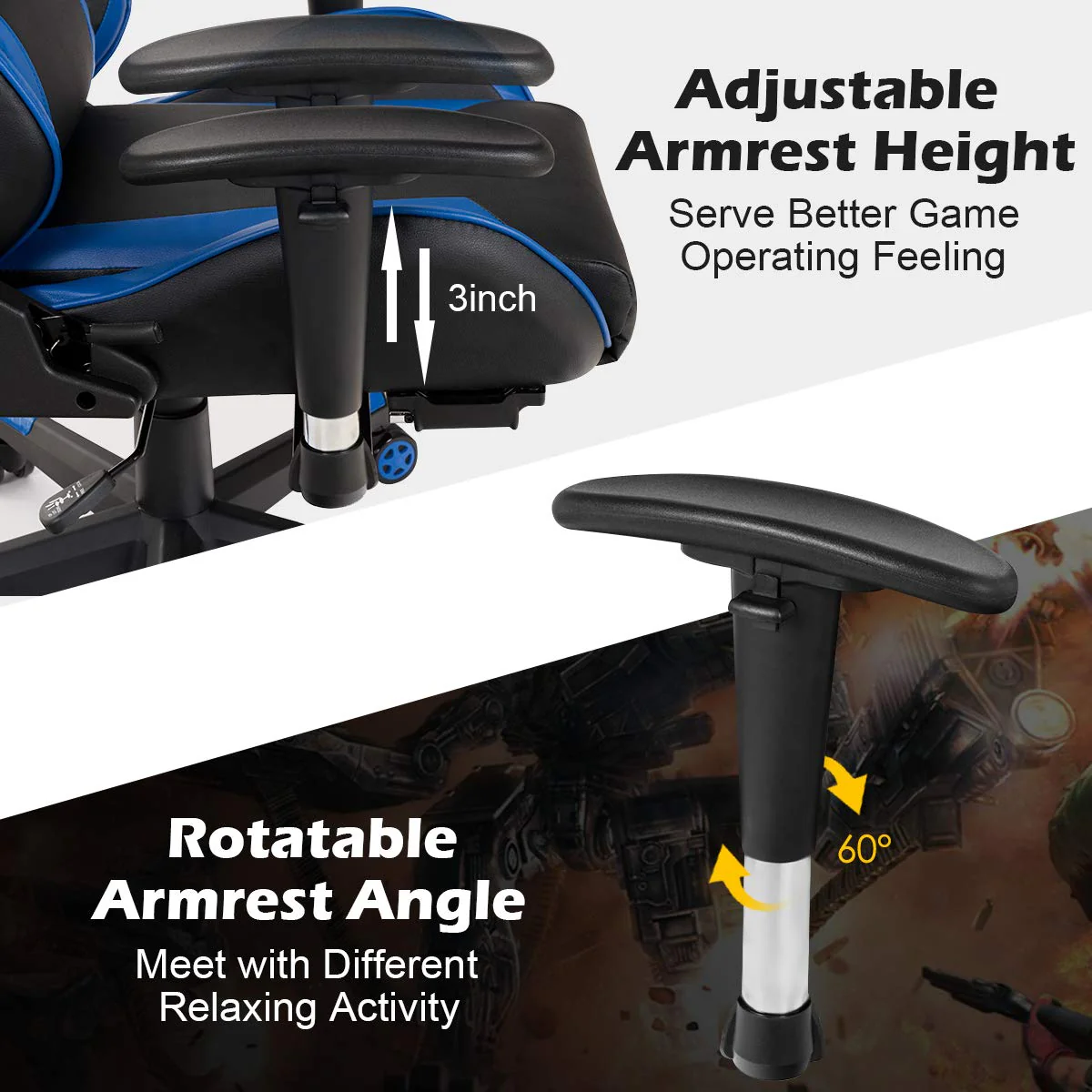 Massage Gaming Chair, Reclining Backrest, Handrails and Seat Height Adjustment - Image 5