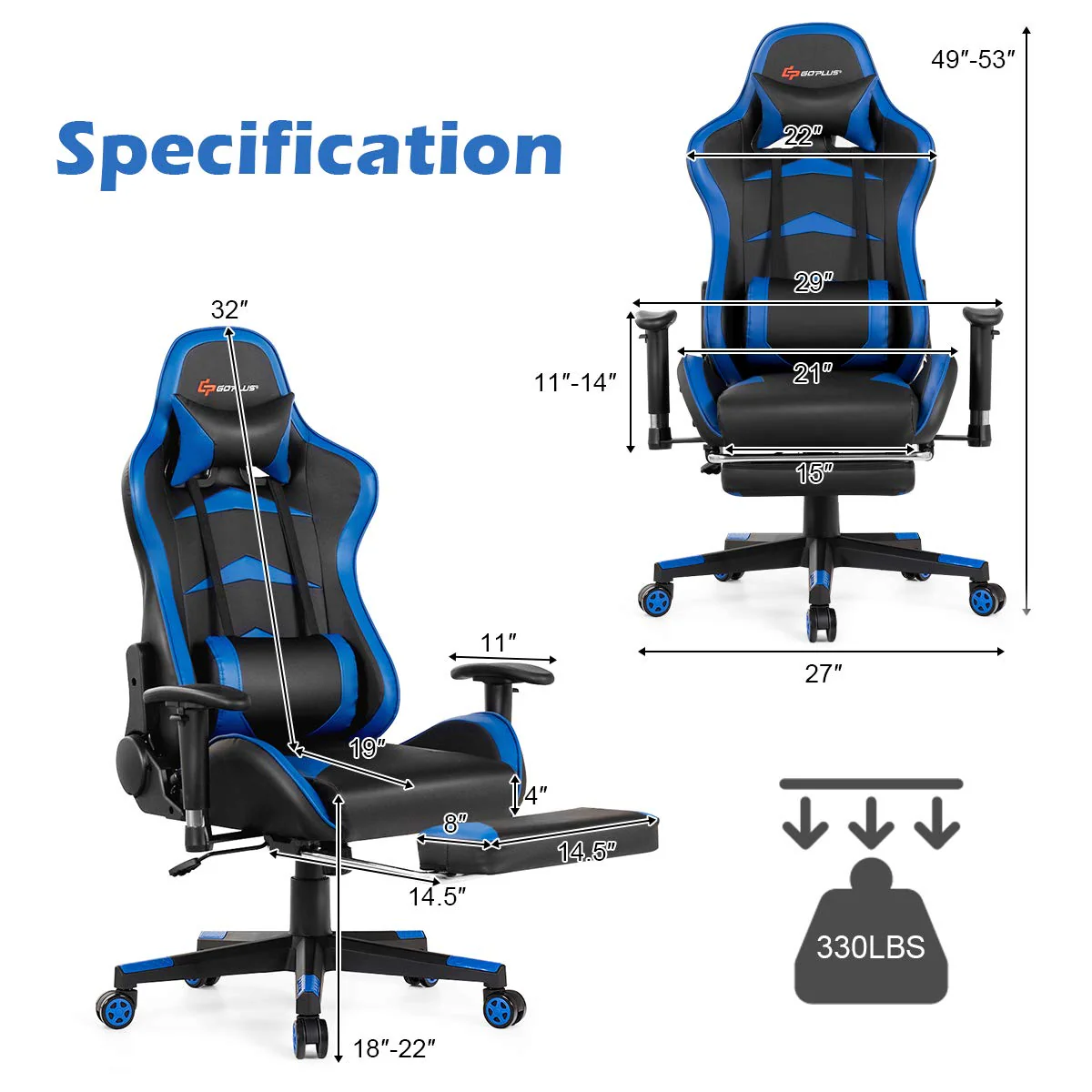 Massage Gaming Chair, Reclining Backrest, Handrails and Seat Height Adjustment - Image 7