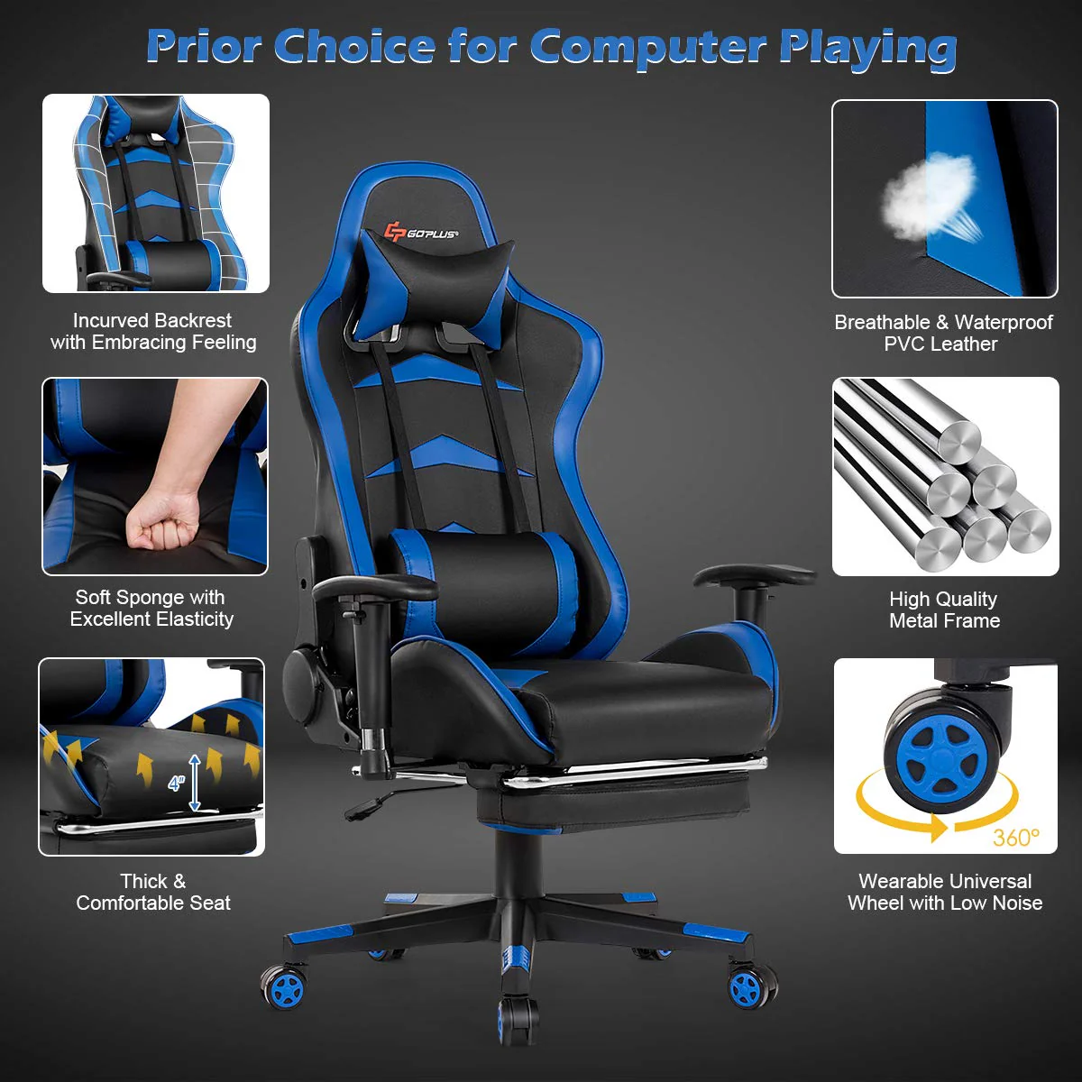 Massage Gaming Chair, Reclining Backrest, Handrails and Seat Height Adjustment - Image 8