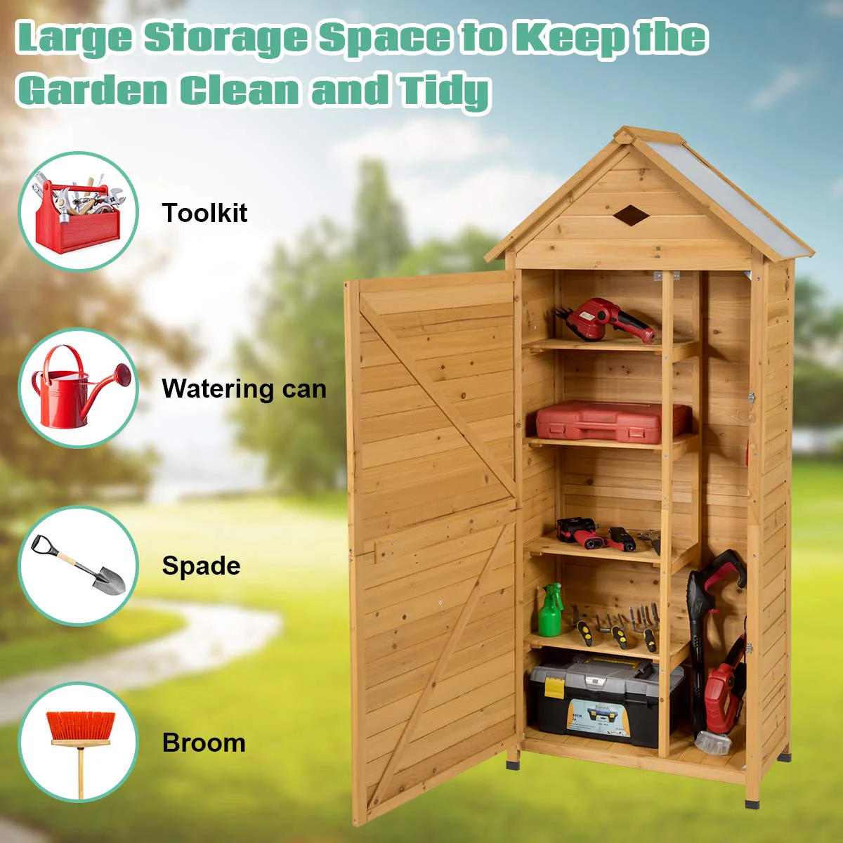 Outdoor Storage Shed, Lockable Fir Wood Garden Tool Storage Cabinet - Image 5